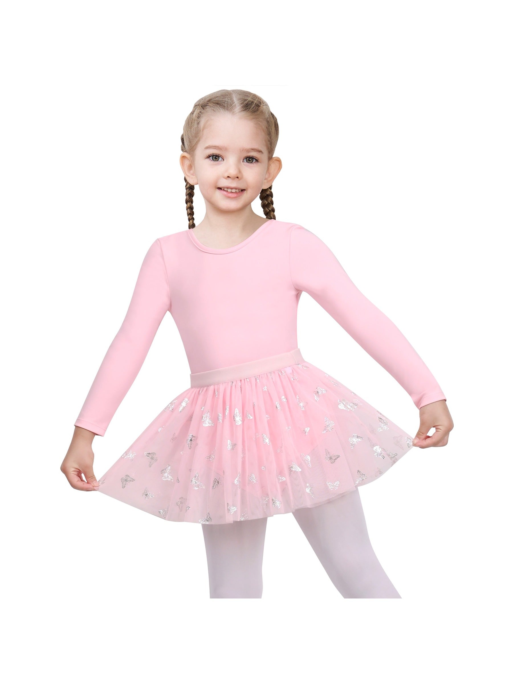Girls Dress 2 Piece Set Purple Ballet Leotard Butterfly Tulle Long Sleeve Pink