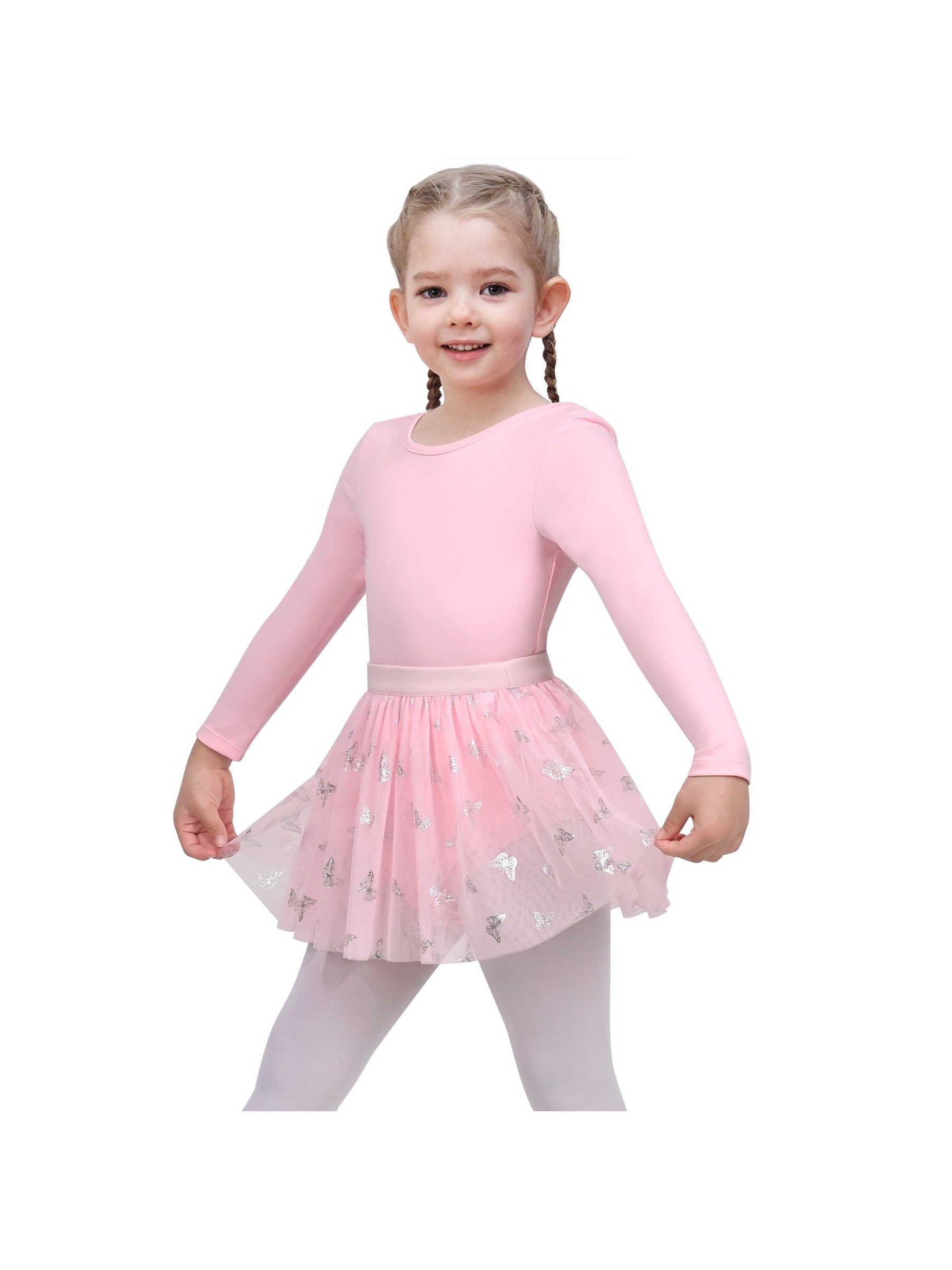 Girls Dress 2 Piece Set Purple Ballet Leotard Butterfly Tulle Long Sleeve Pink