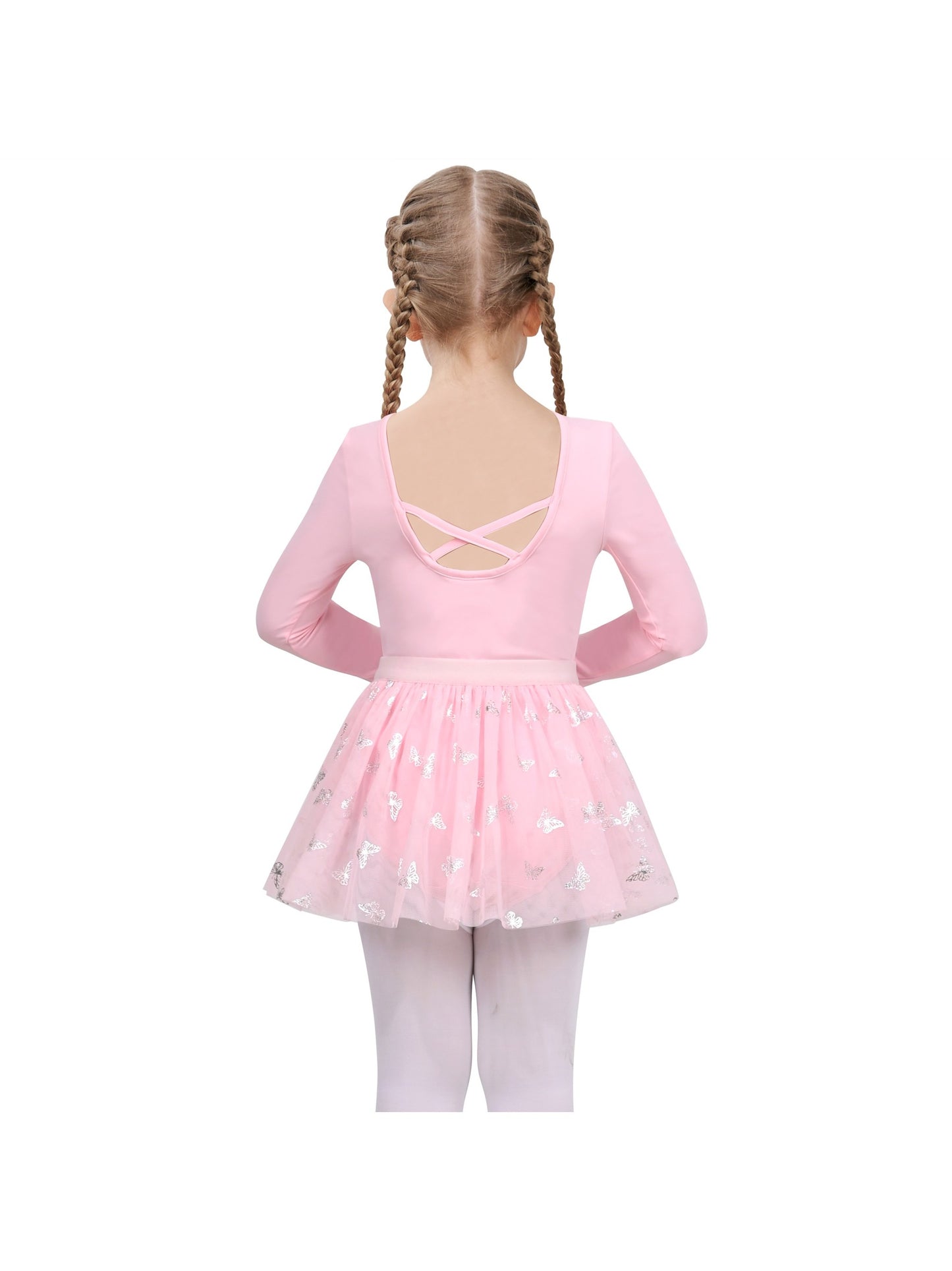 Girls Dress 2 Piece Set Purple Ballet Leotard Butterfly Tulle Long Sleeve Pink