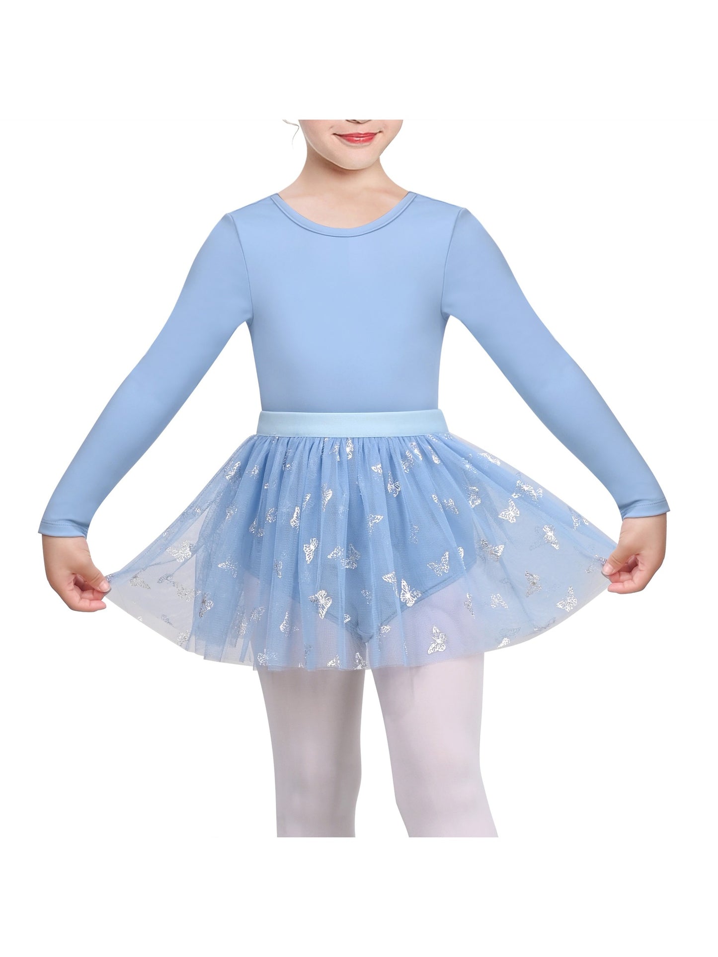 Girls Dress 2 Piece Set Purple Ballet Leotard Butterfly Tulle Long Sleeve Blue