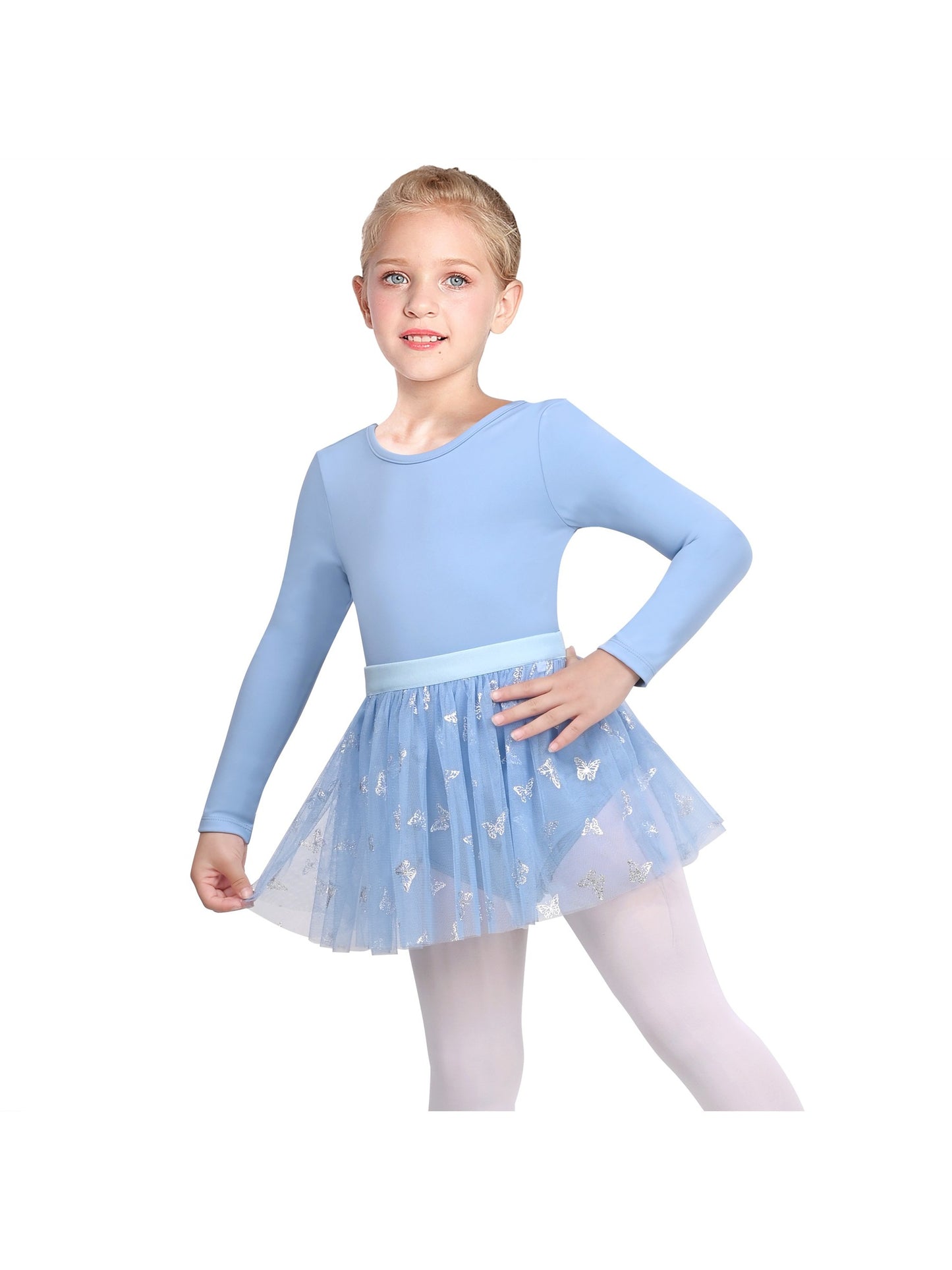 Girls Dress 2 Piece Set Purple Ballet Leotard Butterfly Tulle Long Sleeve Blue