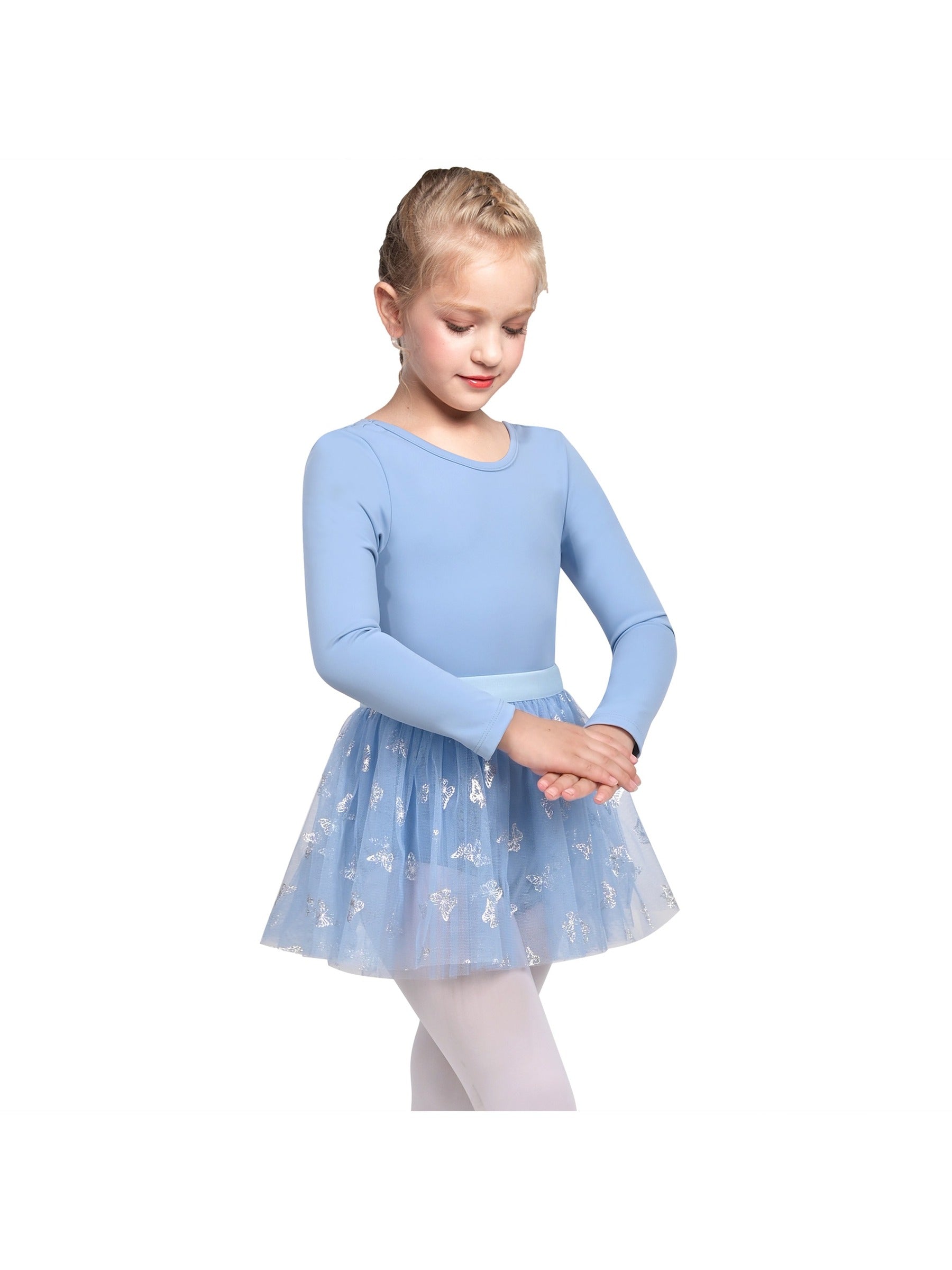 Girls Dress 2 Piece Set Purple Ballet Leotard Butterfly Tulle Long Sleeve Blue