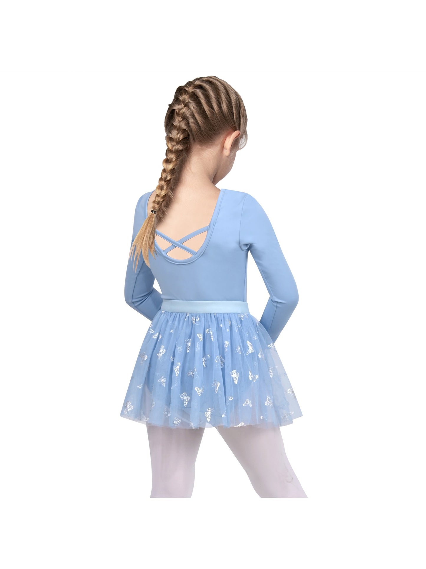 Girls Dress 2 Piece Set Purple Ballet Leotard Butterfly Tulle Long Sleeve Blue