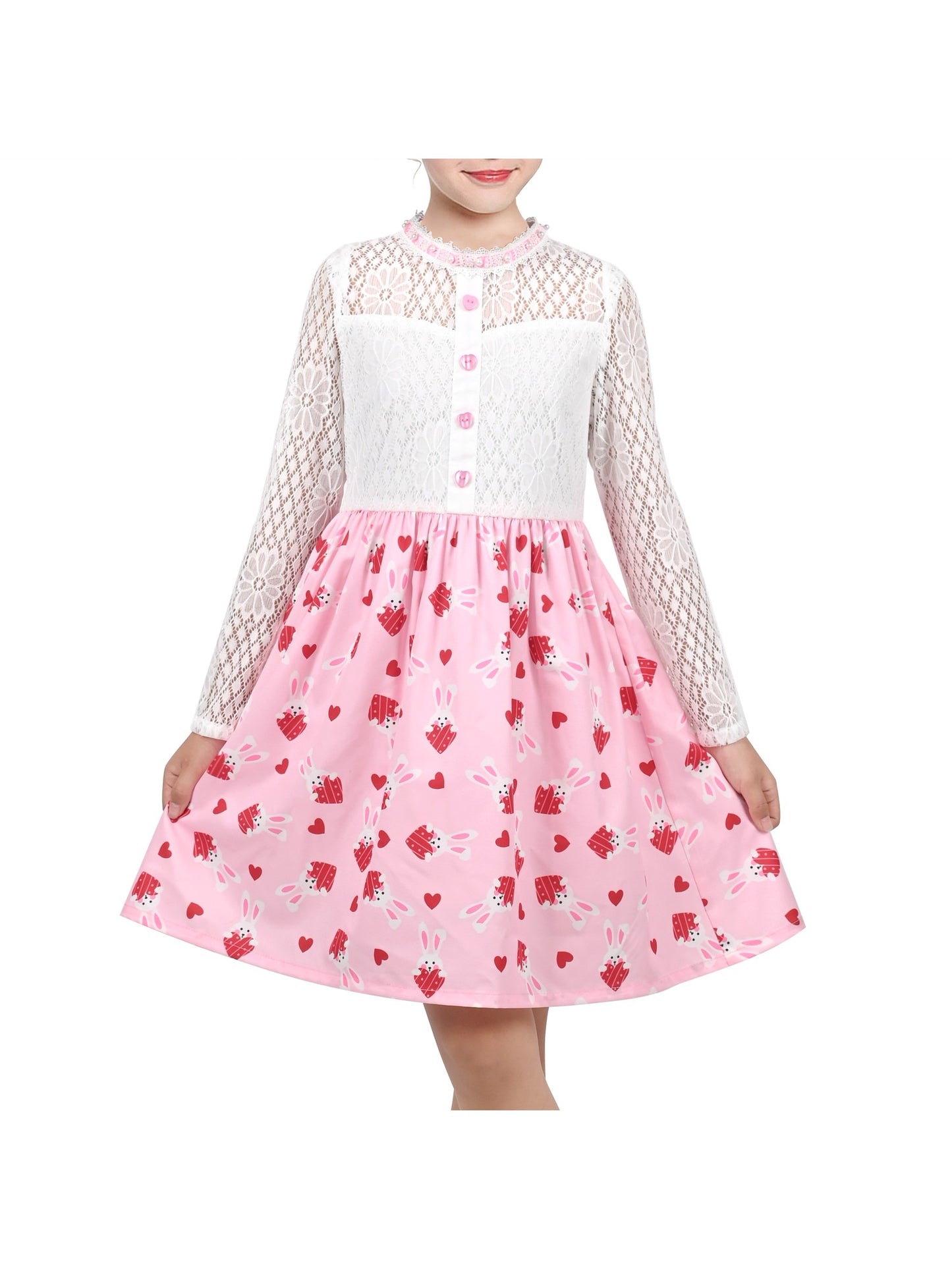 Girls Dress Lace Pearl Plum Blossom Elegant Princess Dress Pink