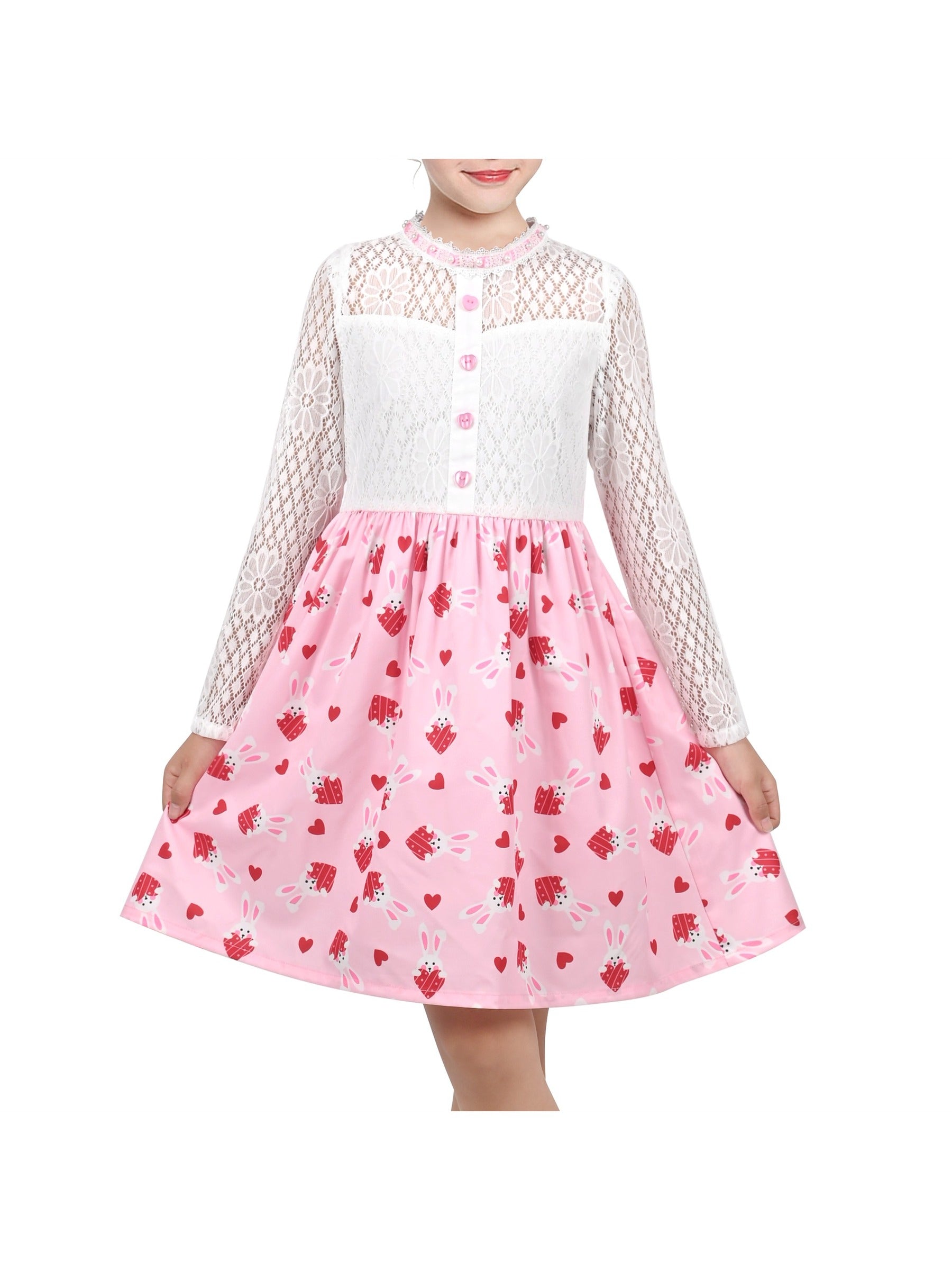 Girls Dress Lace Pearl Plum Blossom Elegant Princess Dress Pink