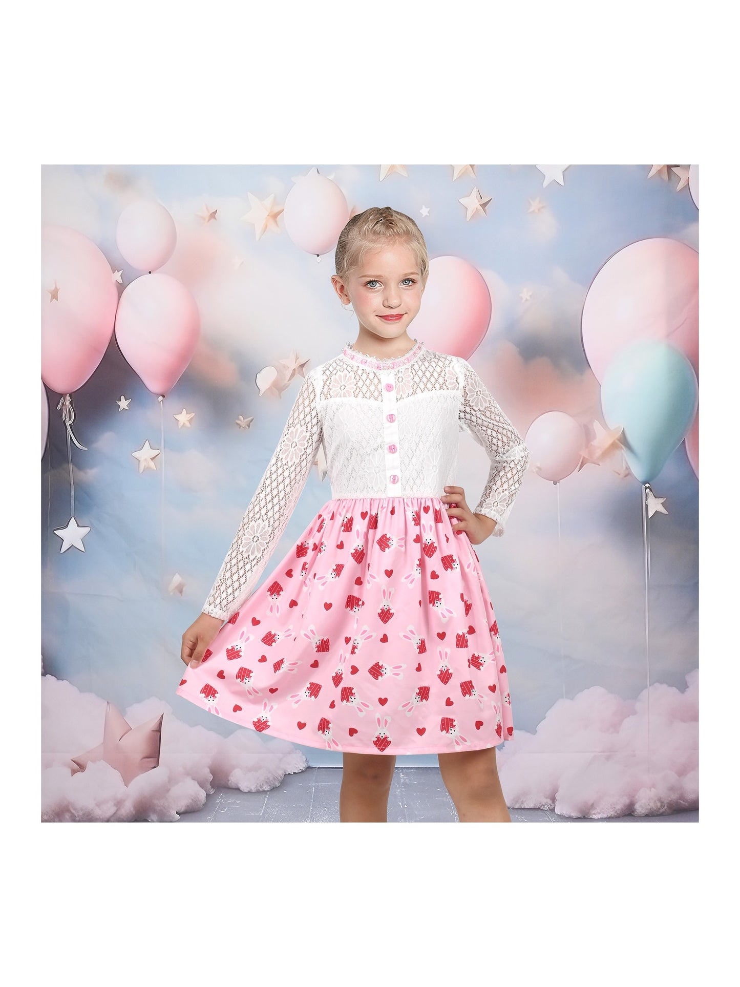 Girls Dress Lace Pearl Plum Blossom Elegant Princess Dress Pink