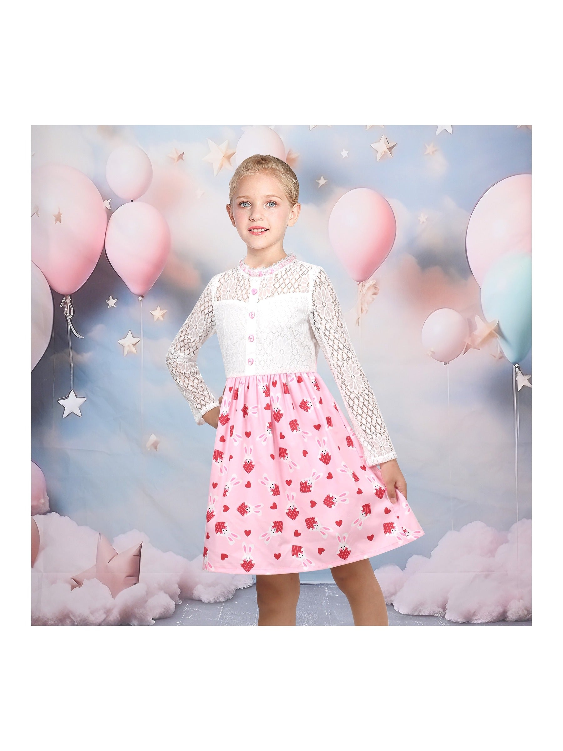 Girls Dress Lace Pearl Plum Blossom Elegant Princess Dress Pink