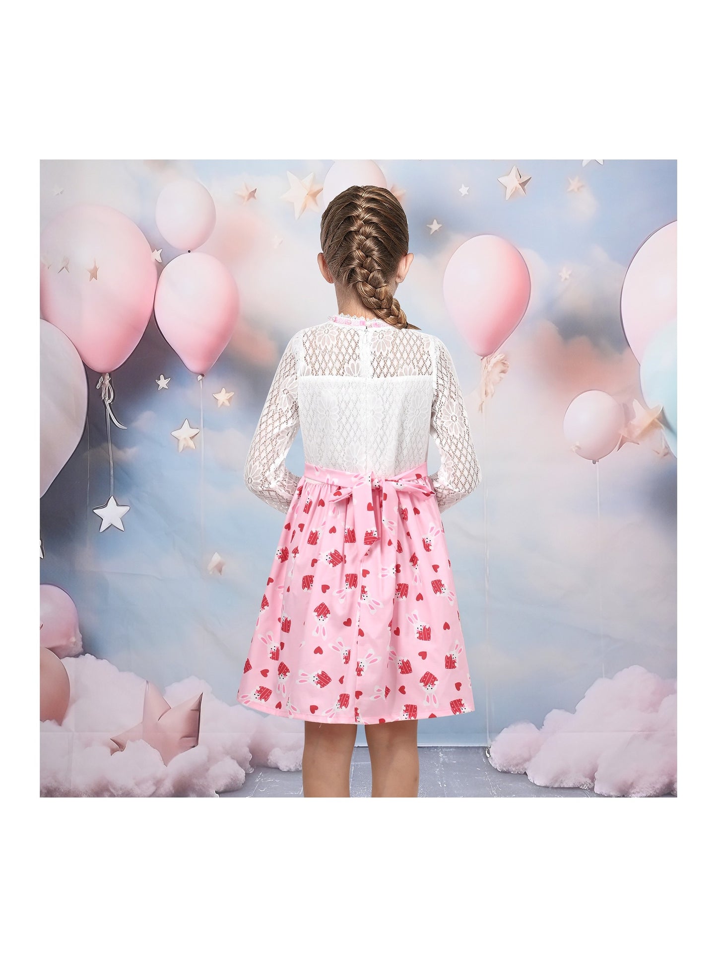Girls Dress Lace Pearl Plum Blossom Elegant Princess Dress Pink