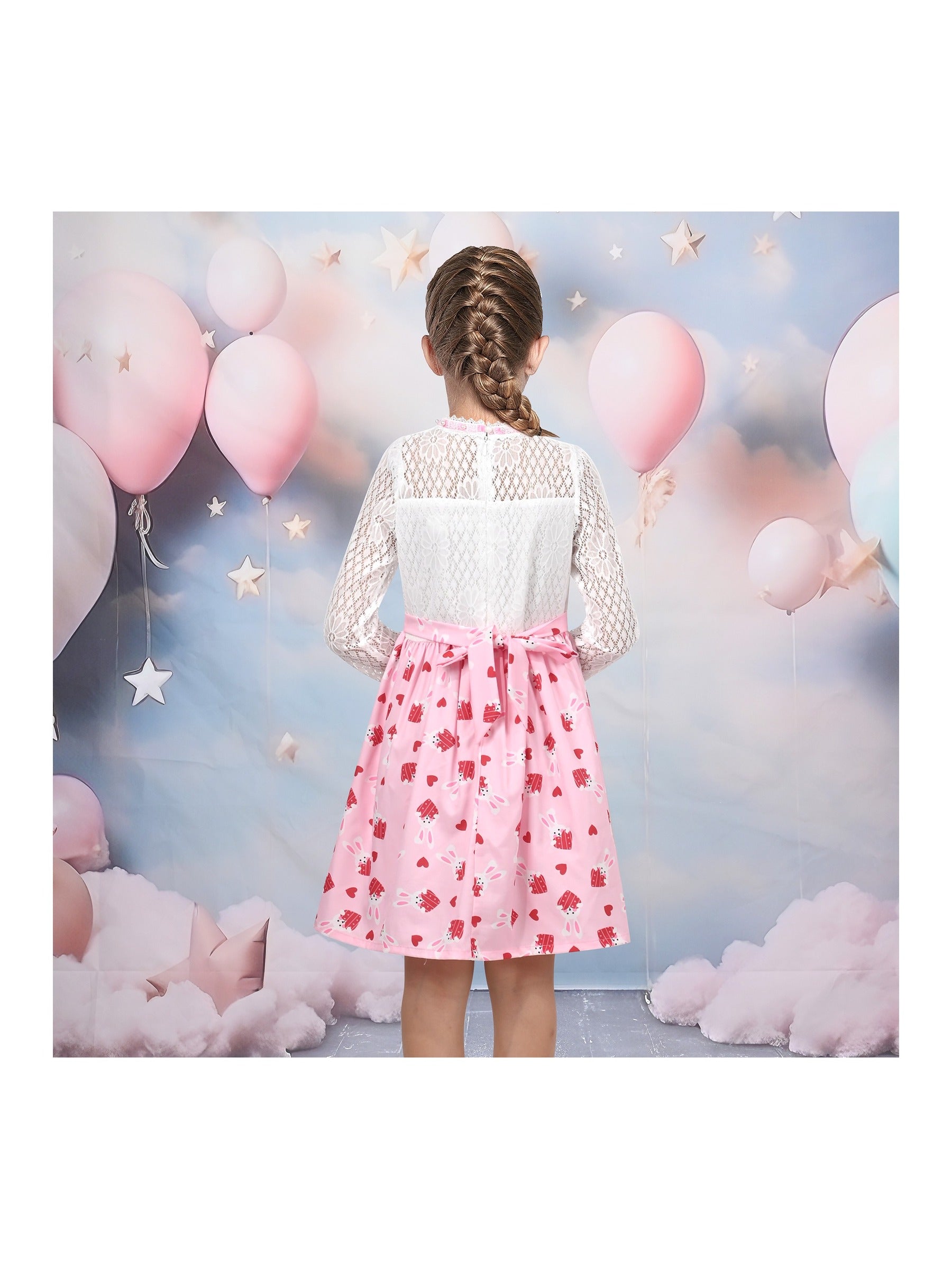 Girls Dress Lace Pearl Plum Blossom Elegant Princess Dress Pink