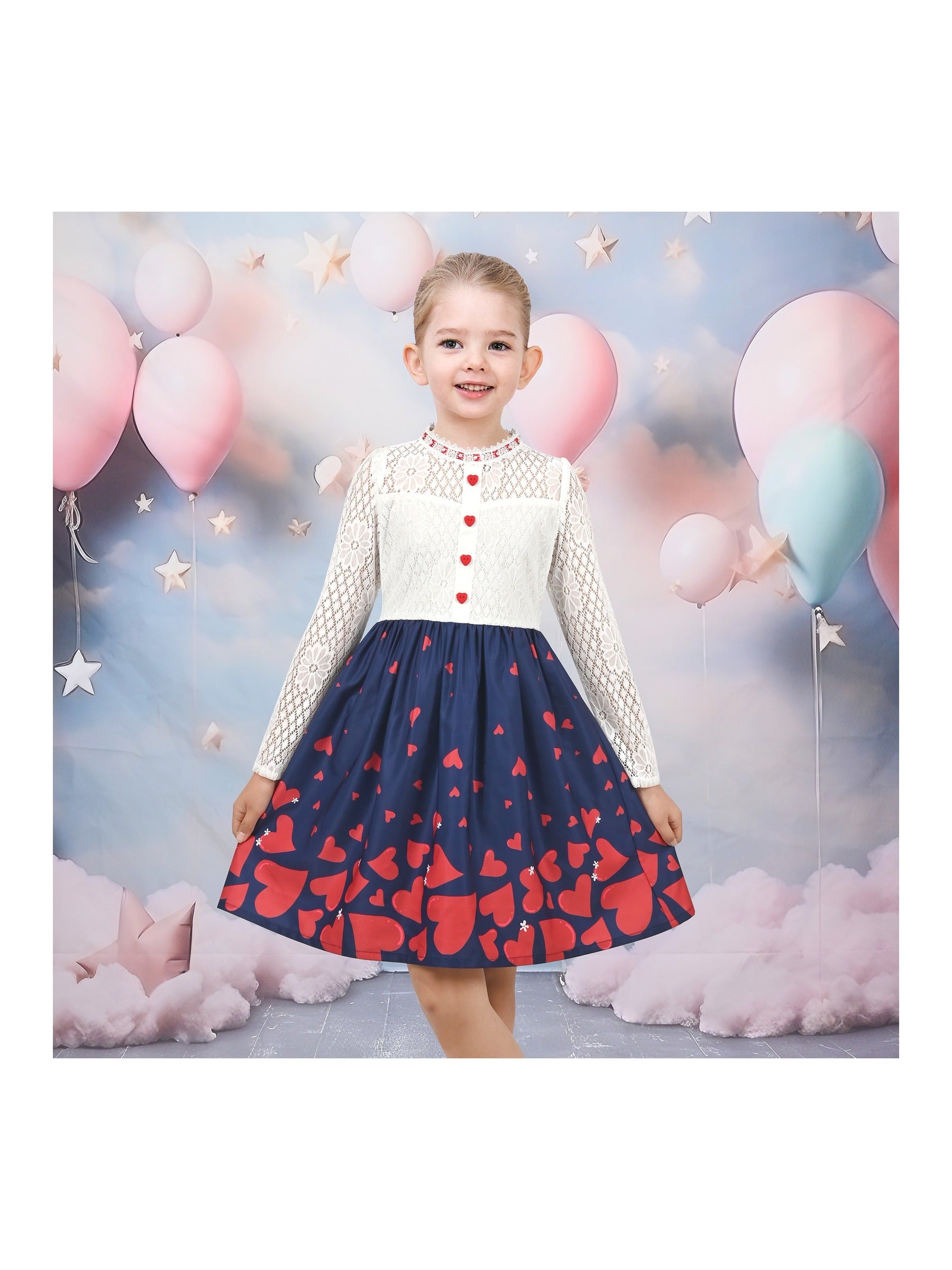 Girls Dress Lace Pearl Plum Blossom Elegant Princess Dress Blue