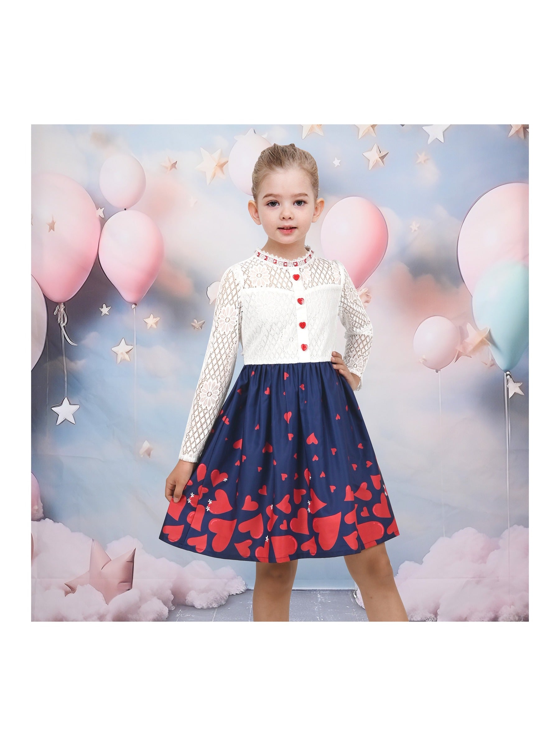 Girls Dress Lace Pearl Plum Blossom Elegant Princess Dress Blue