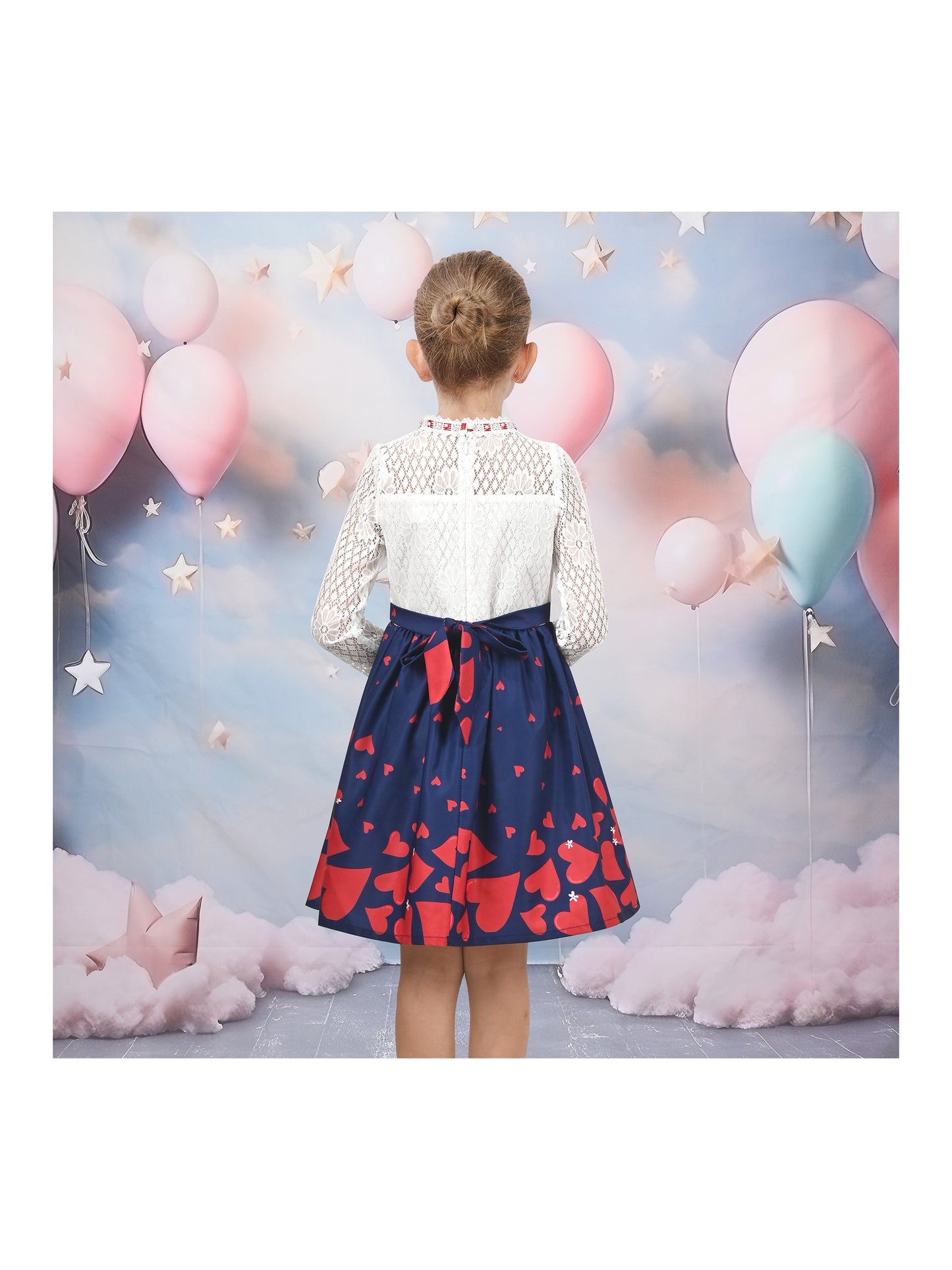Girls Dress Lace Pearl Plum Blossom Elegant Princess Dress Blue