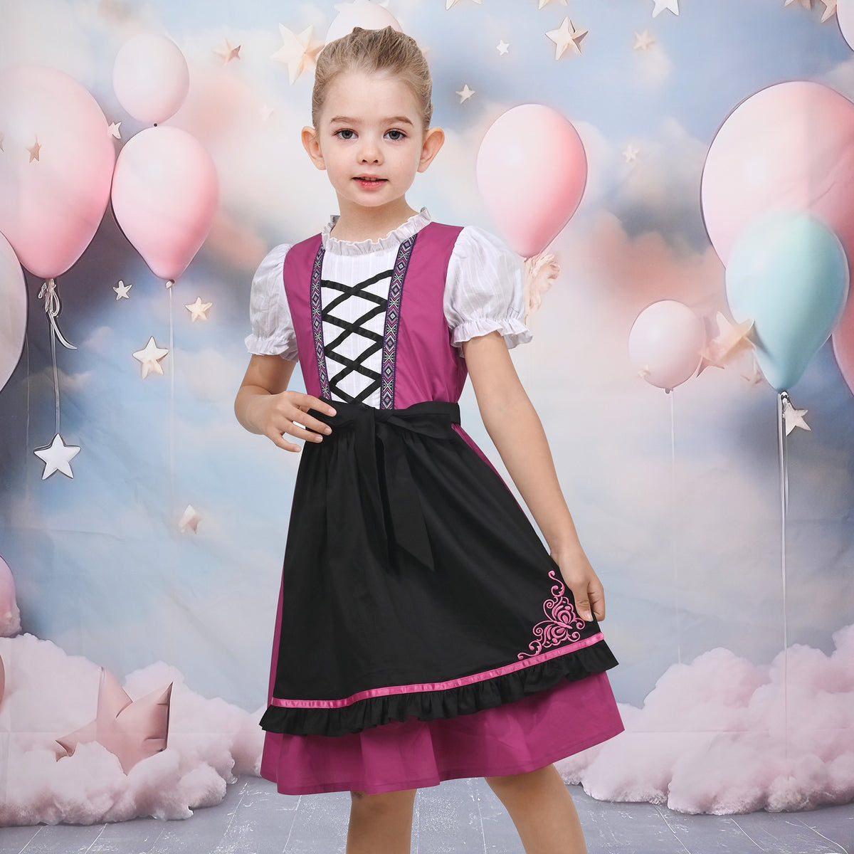 Girls German Dirndl Dress Costumes for Bavarian Oktoberfest Long Sleeve - Purple