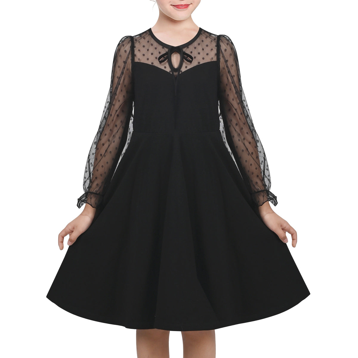 Girls Dress Black Floral Lace Sheer Mesh Long Sleeve Hollow V-back - Black Dot