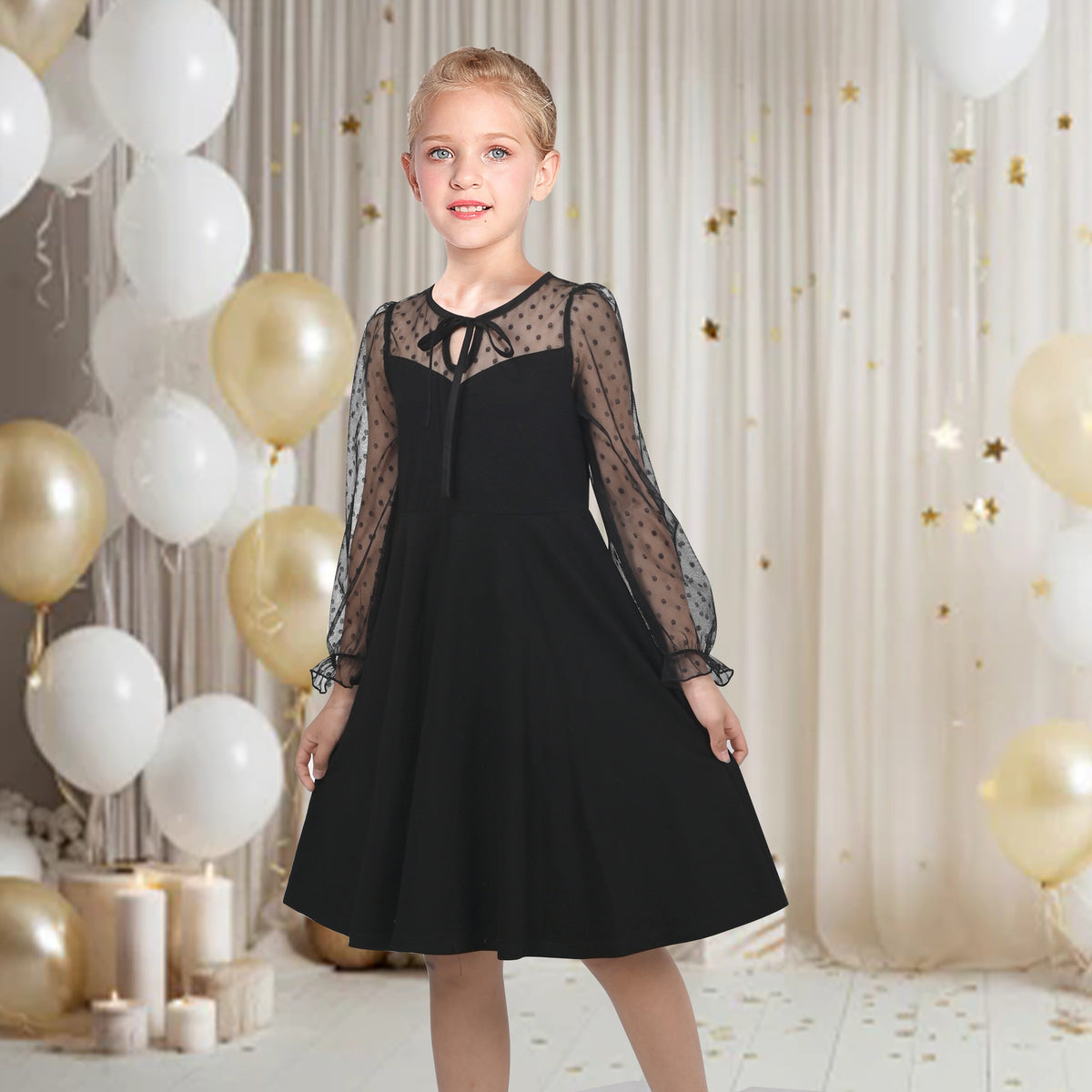 Girls Dress Black Floral Lace Sheer Mesh Long Sleeve Hollow V-back - Black Dot