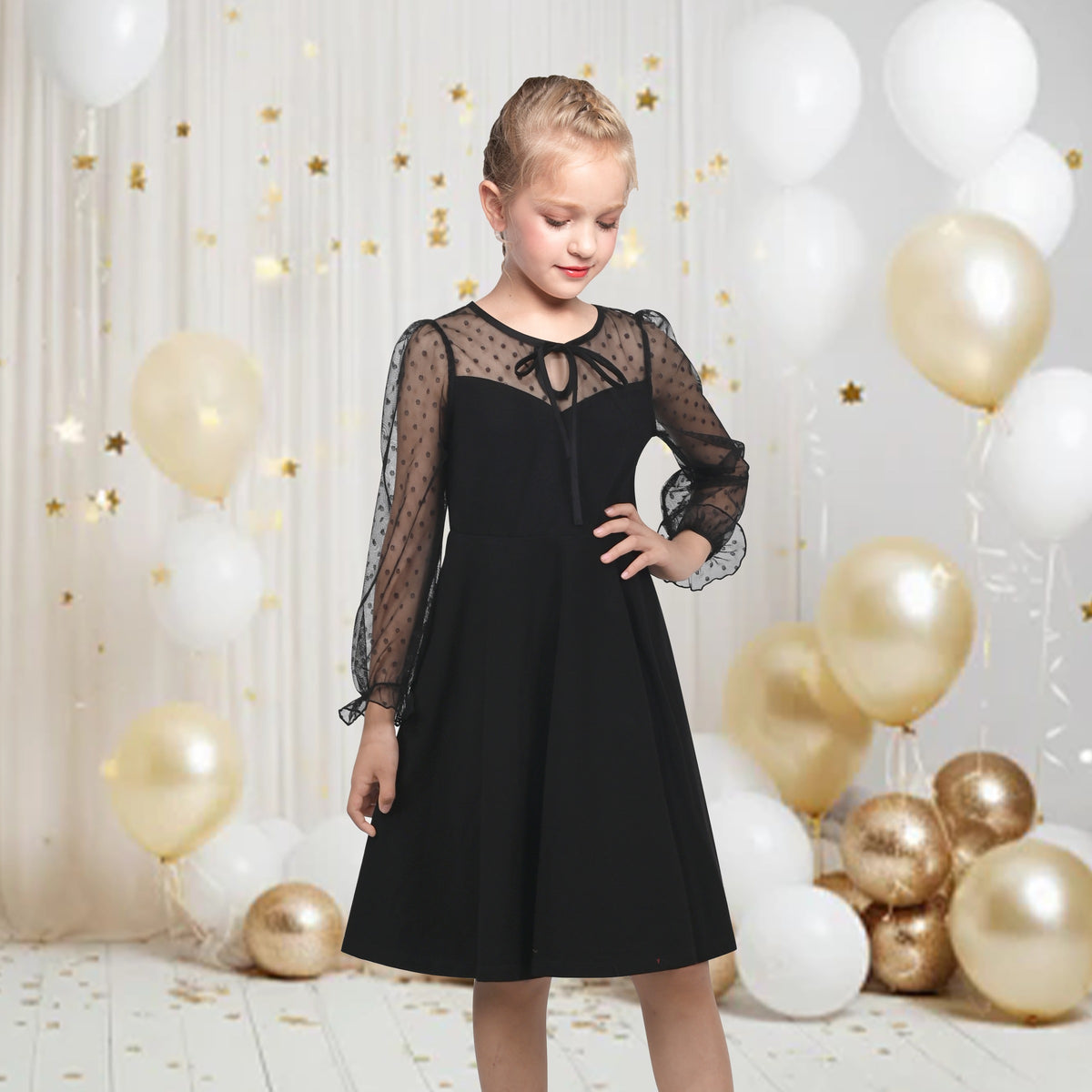 Girls Dress Black Floral Lace Sheer Mesh Long Sleeve Hollow V-back - Black Dot