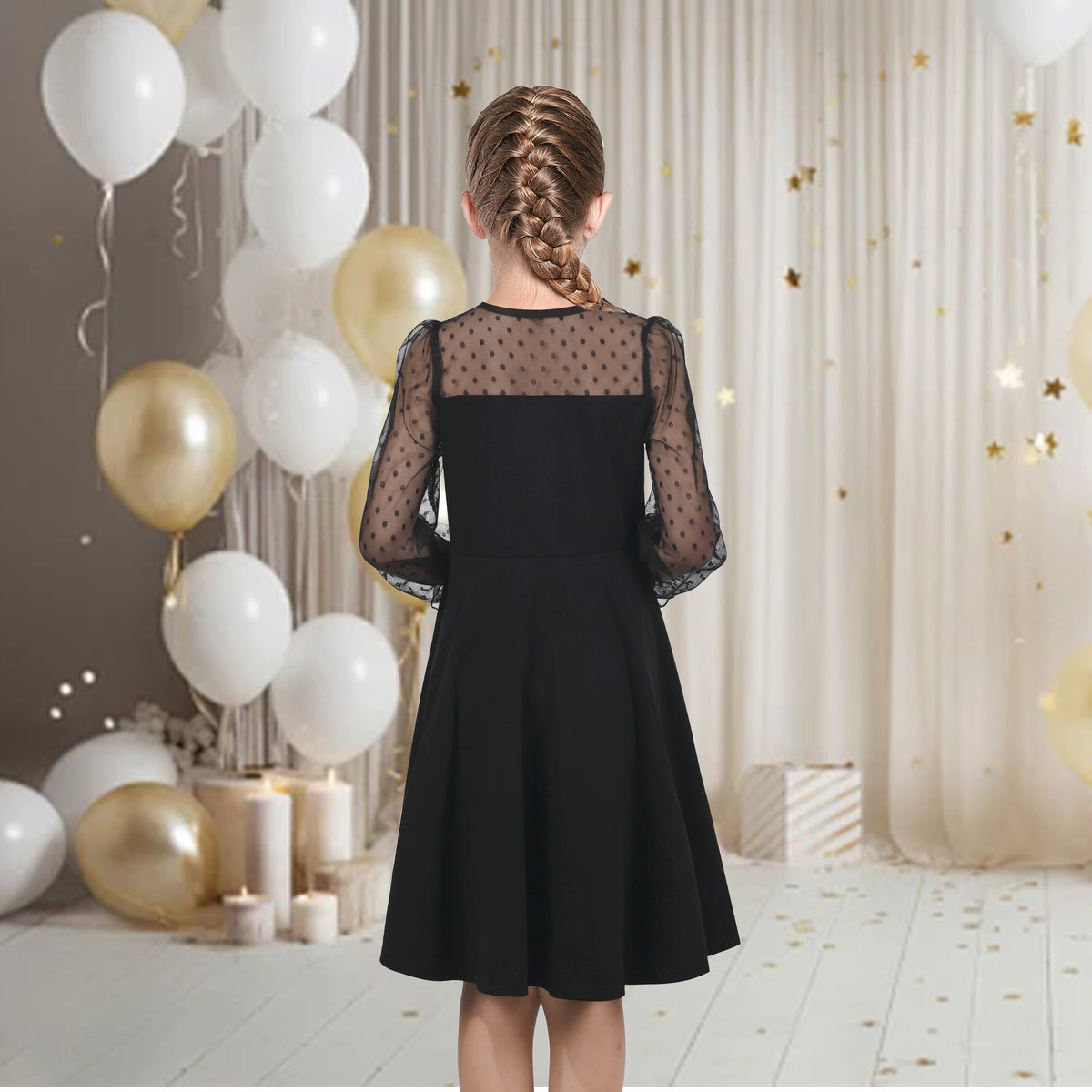 Girls Dress Black Floral Lace Sheer Mesh Long Sleeve Hollow V-back - Black Dot