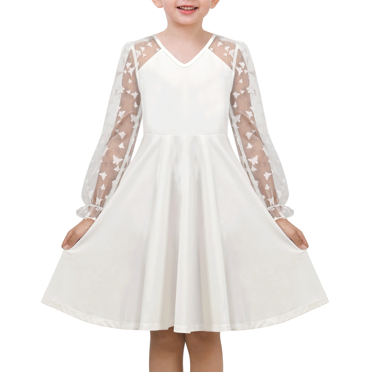 Girls Dress Black Floral Lace Sheer Mesh Long Sleeve Hollow V-back - White Butterfly