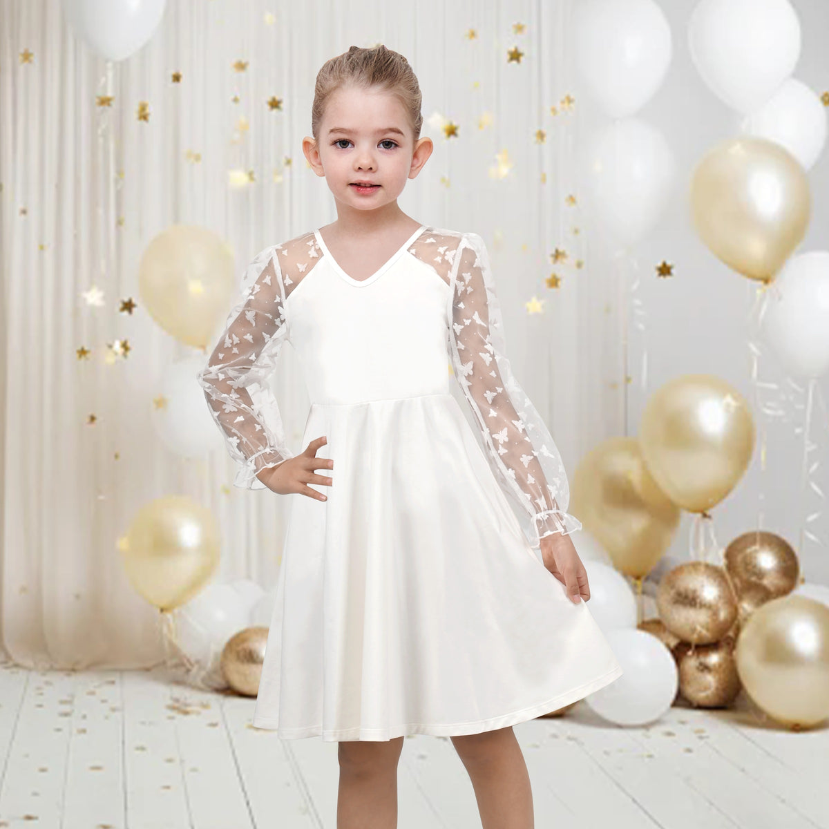 Girls Dress Black Floral Lace Sheer Mesh Long Sleeve Hollow V-back - White Butterfly