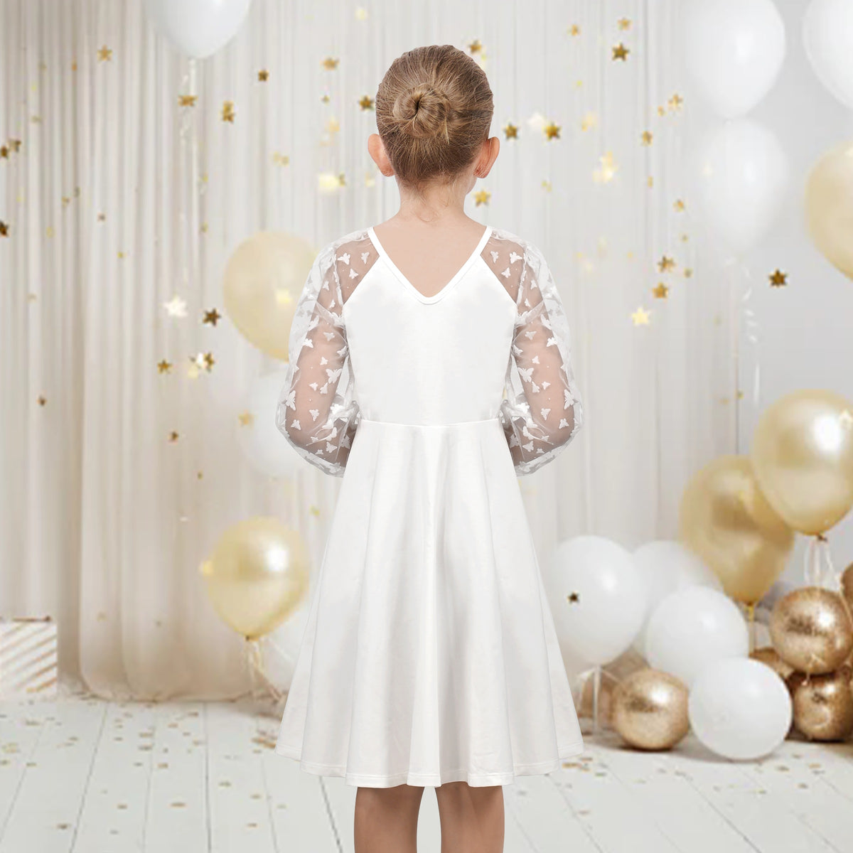 Girls Dress Black Floral Lace Sheer Mesh Long Sleeve Hollow V-back - White Butterfly