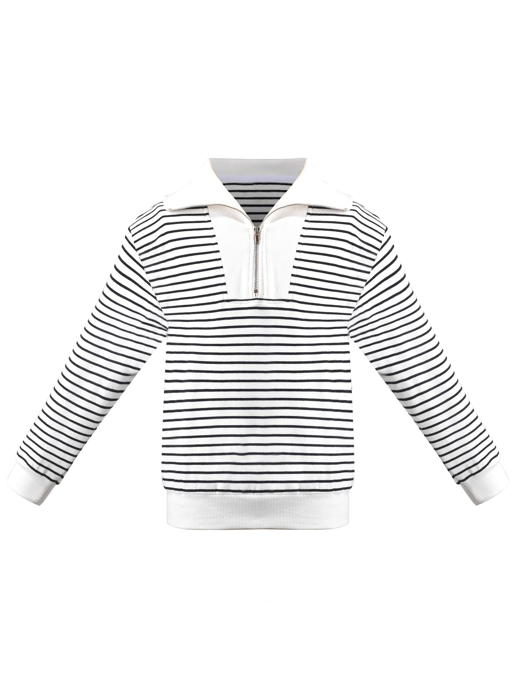 Girls Sweatshirt Top Lapel Striped Drop Shoulder Casual Pullover Sport Gray