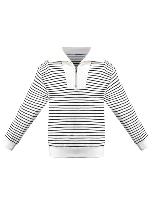 Girls Sweatshirt Top Lapel Striped Drop Shoulder Casual Pullover Sport Gray