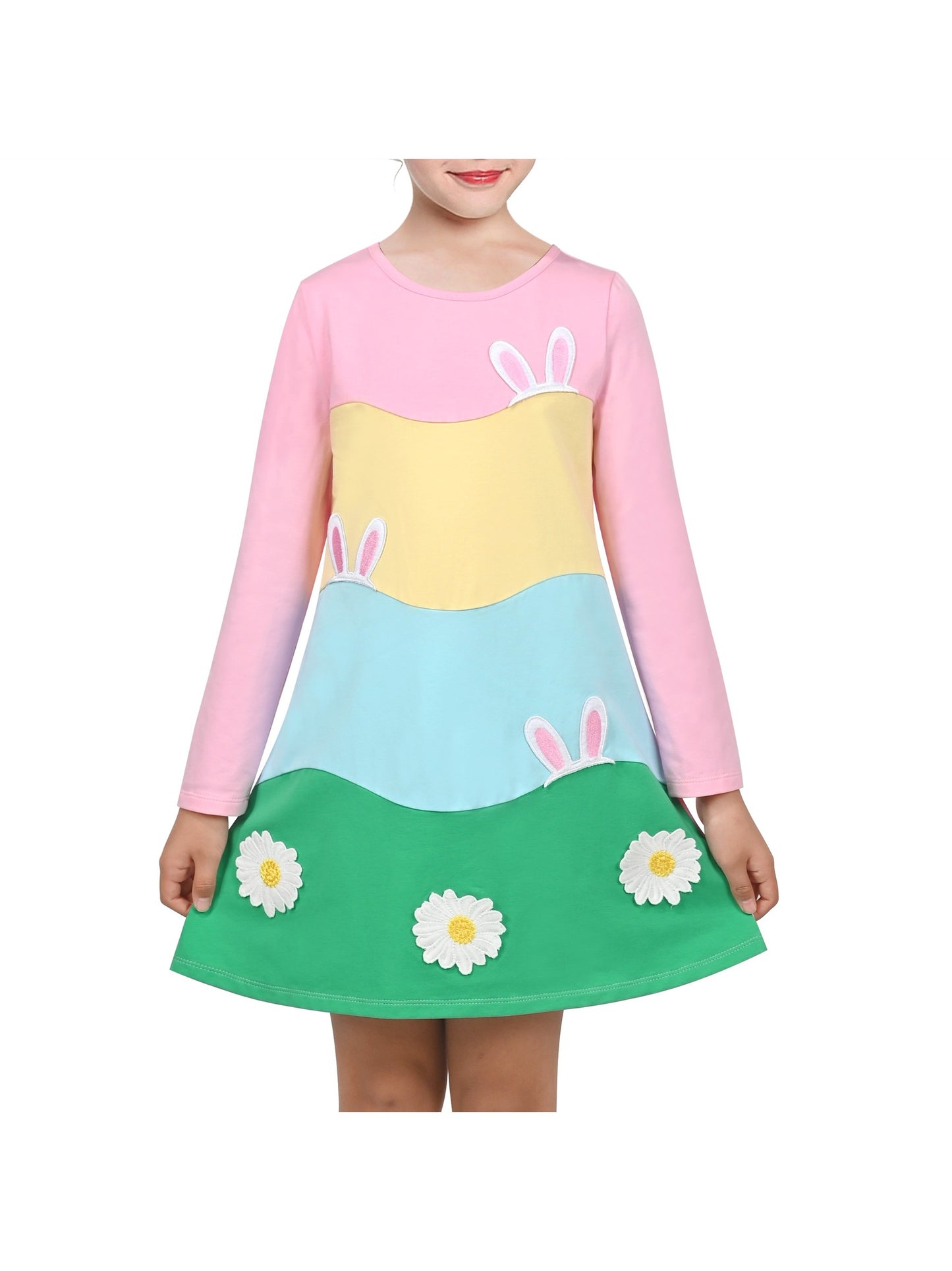 Girls Dress Easter Bunny Rainbow Cotton Embroidery Casual Long Sleeve Multi-Color