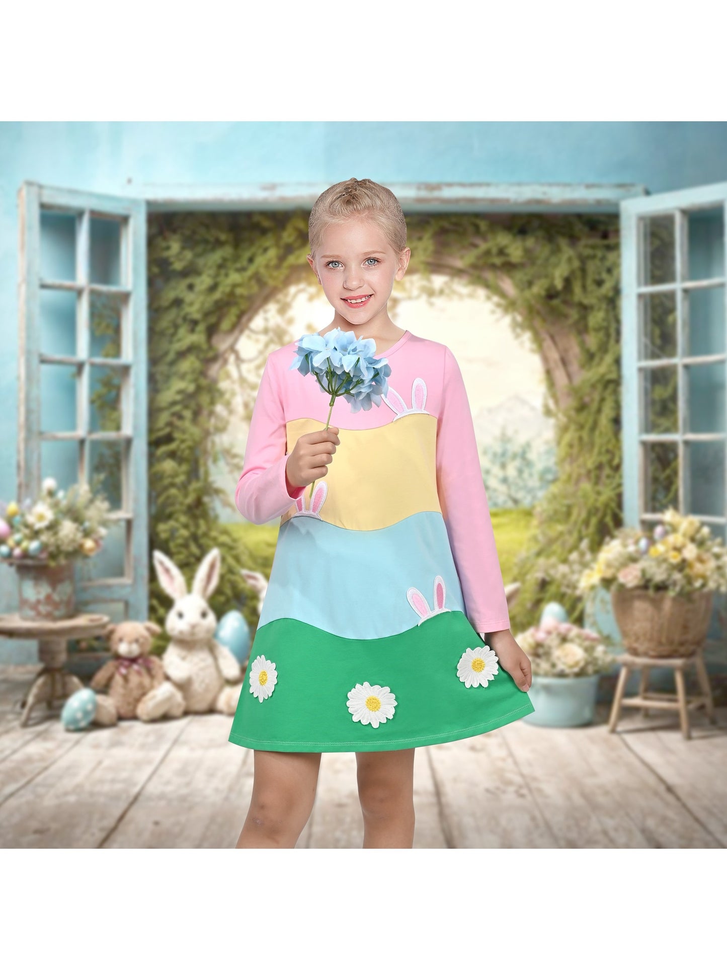 Girls Dress Easter Bunny Rainbow Cotton Embroidery Casual Long Sleeve Multi-Color