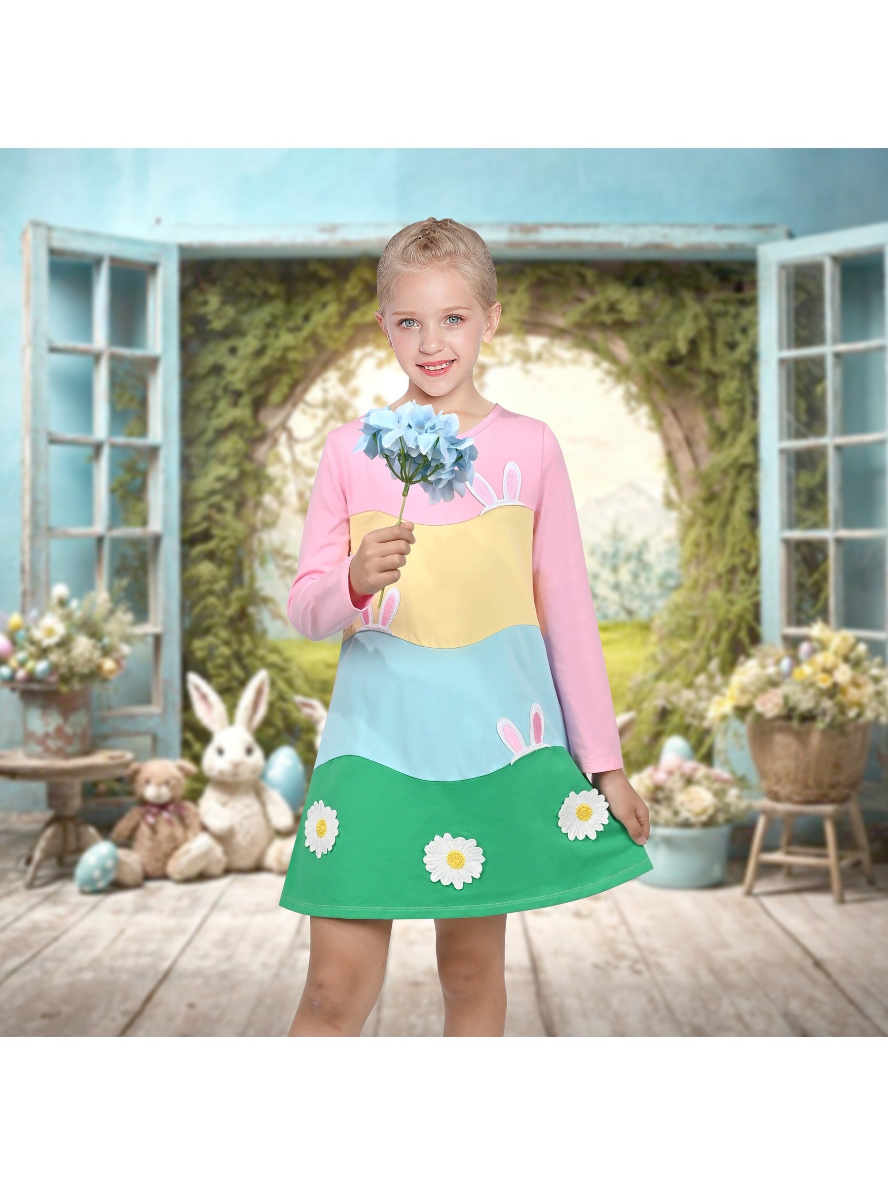 Girls Dress Easter Bunny Rainbow Cotton Embroidery Casual Long Sleeve Multi-Color
