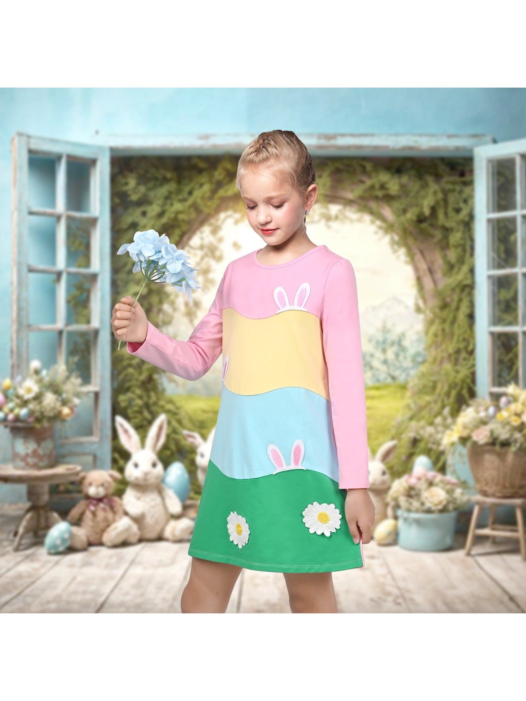 Girls Dress Easter Bunny Rainbow Cotton Embroidery Casual Long Sleeve Multi-Color