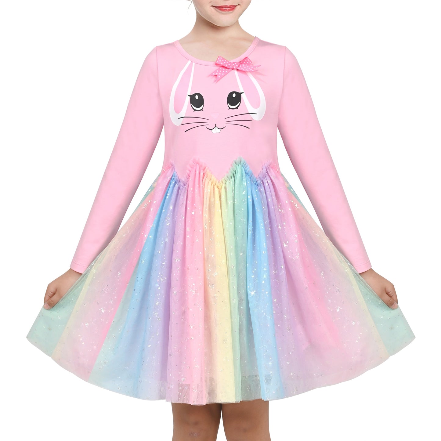 Girls Dress Long Sleeve Tutu Skirt Bow Tie Party Pink
