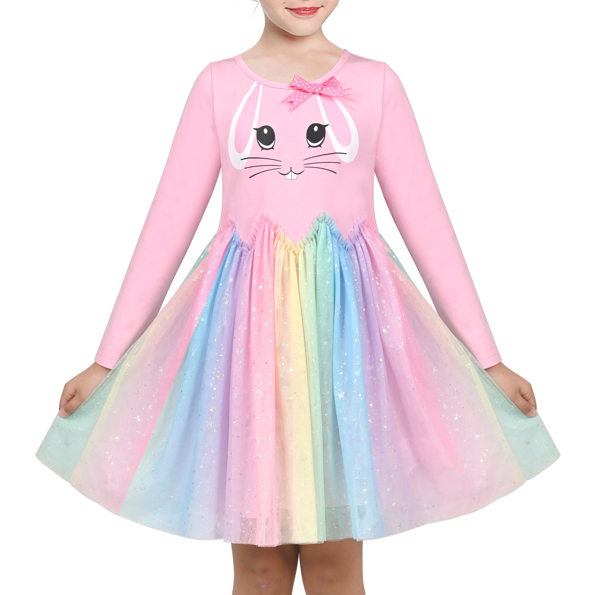 Girls Dress Long Sleeve Tutu Skirt Bow Tie Party Pink
