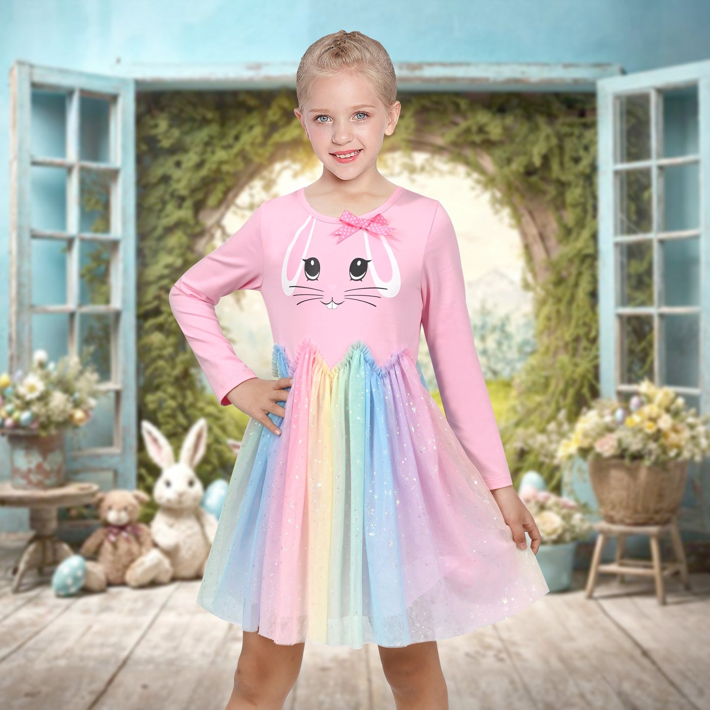 Girls Dress Long Sleeve Tutu Skirt Bow Tie Party Pink