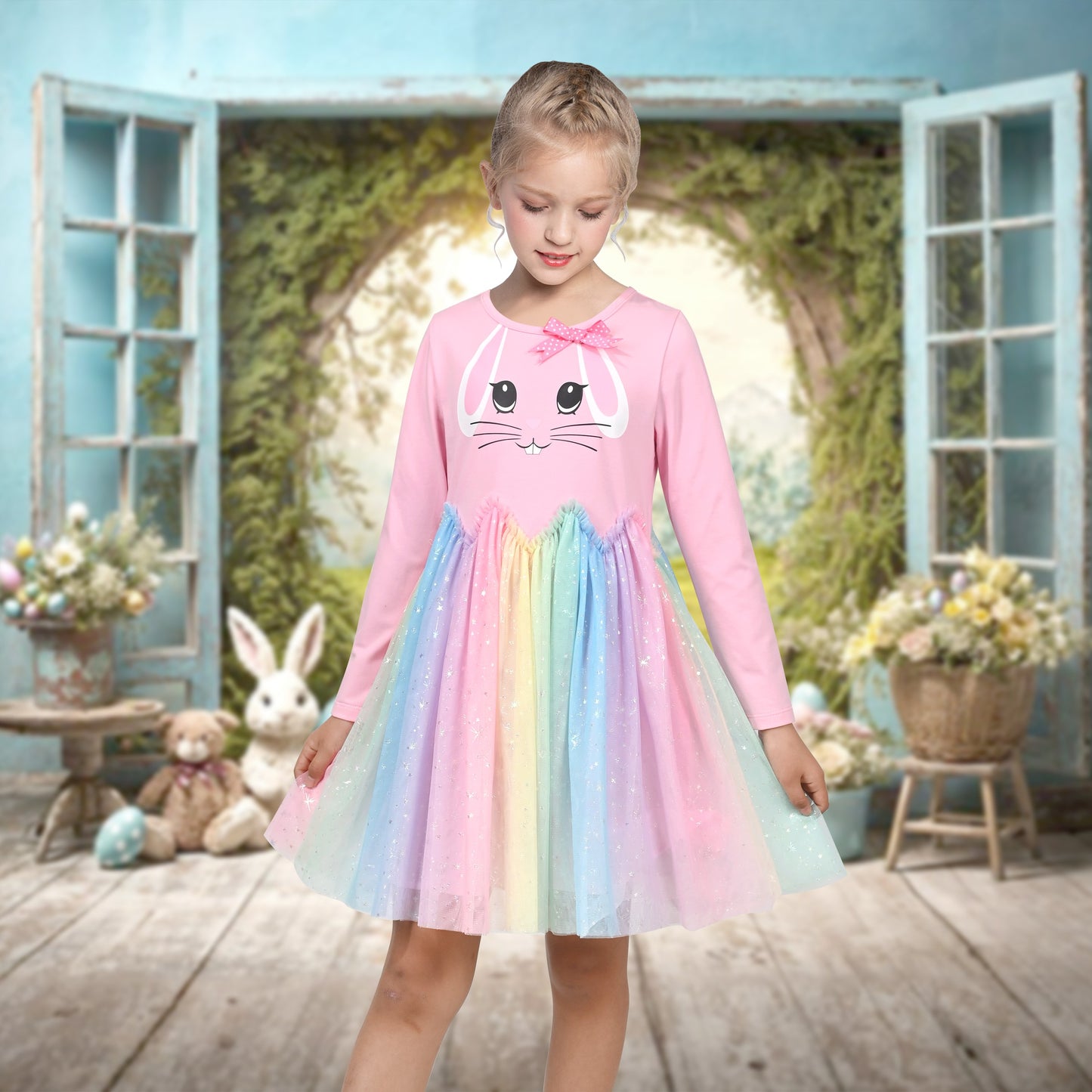 Girls Dress Long Sleeve Tutu Skirt Bow Tie Party Pink
