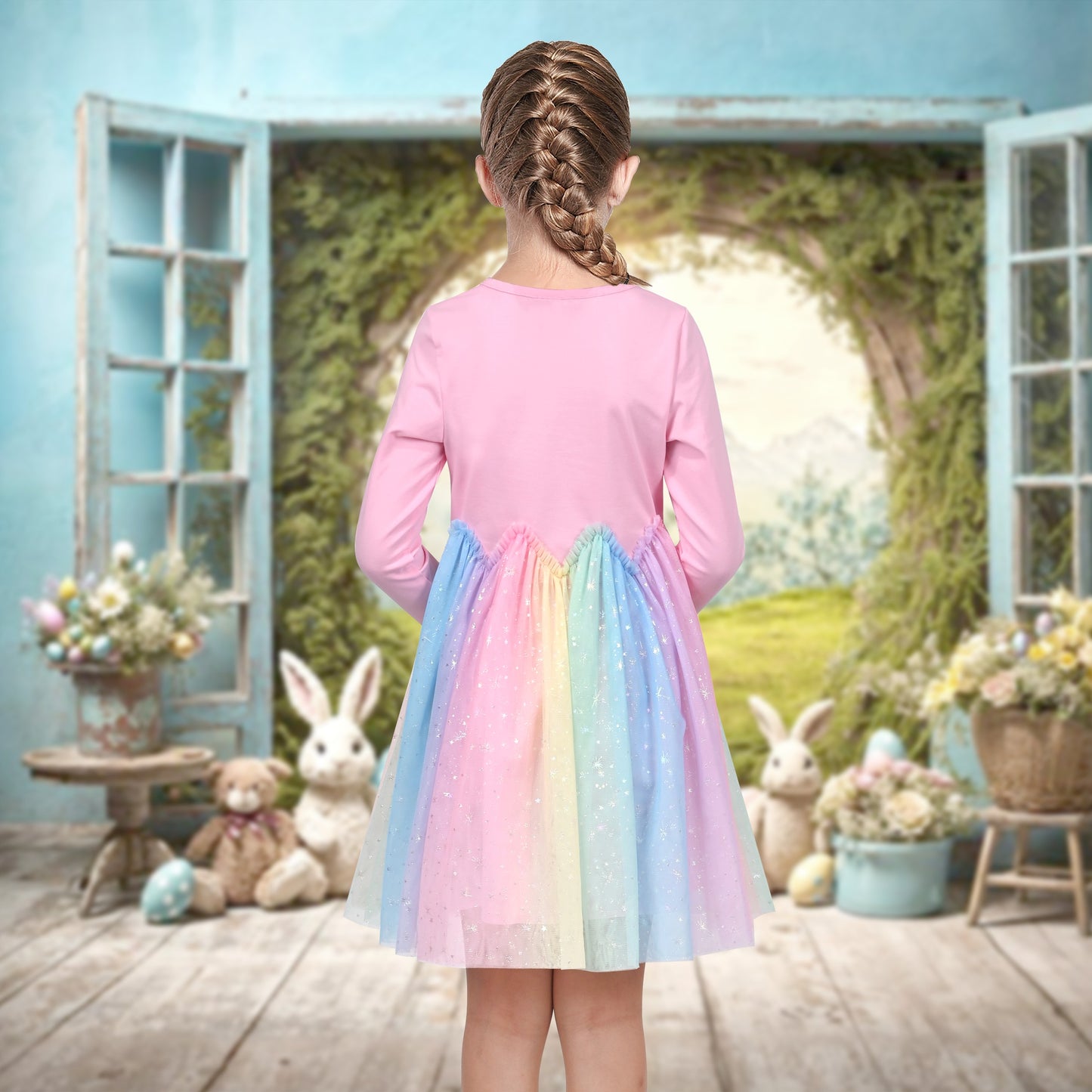 Girls Dress Long Sleeve Tutu Skirt Bow Tie Party Pink