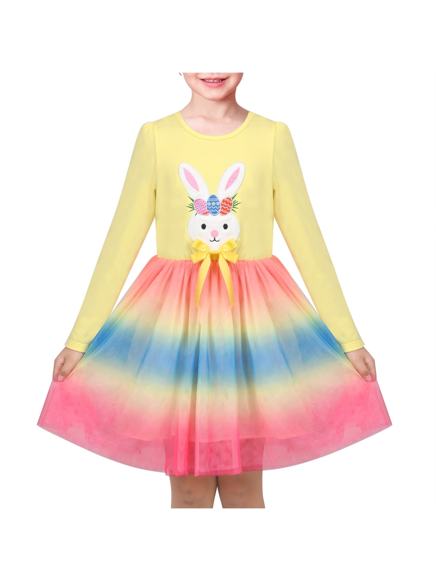 Girls Dress Long Sleeve Tutu Skirt Bow Tie Party Yellow