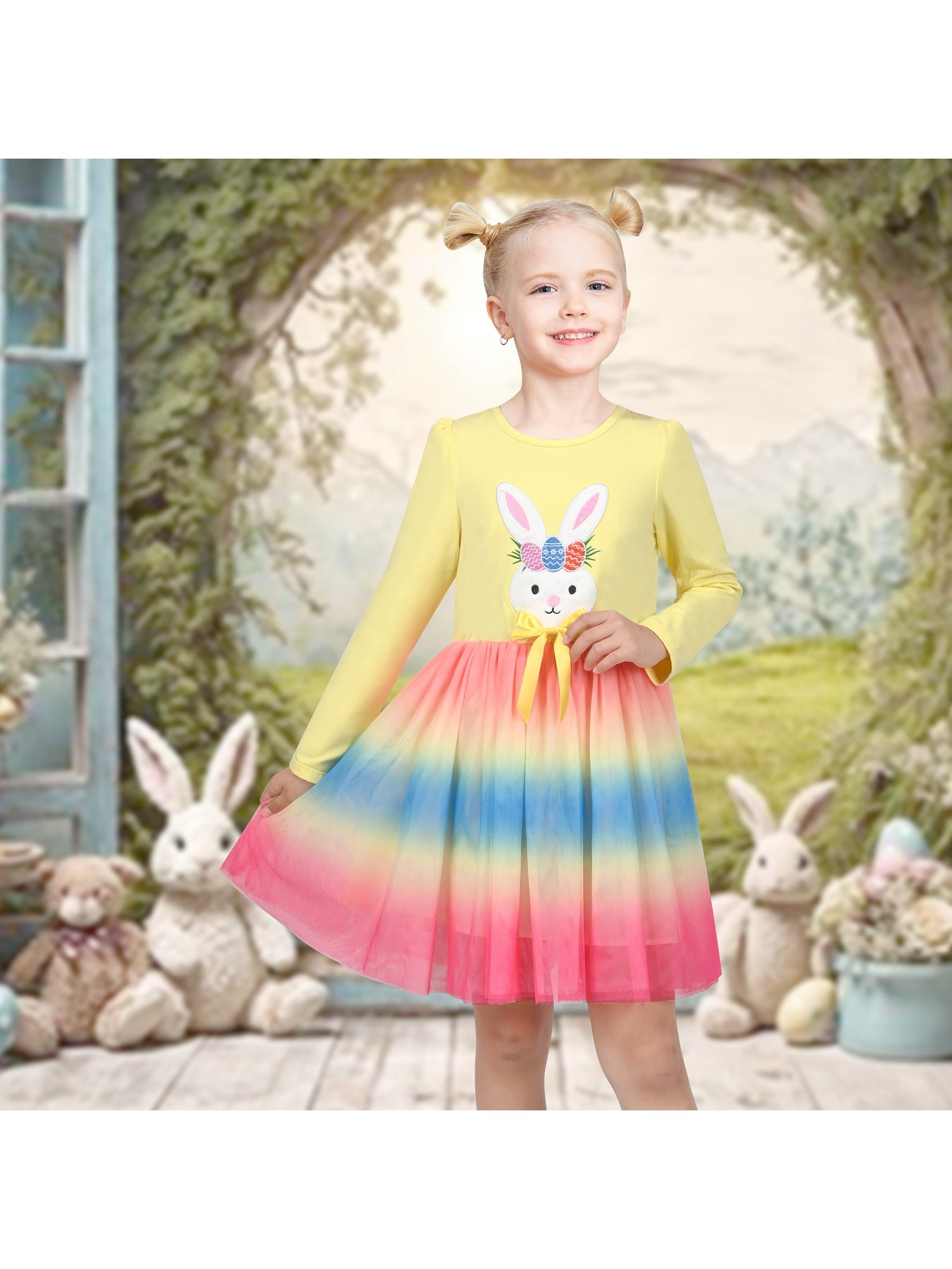 Girls Dress Long Sleeve Tutu Skirt Bow Tie Party Yellow