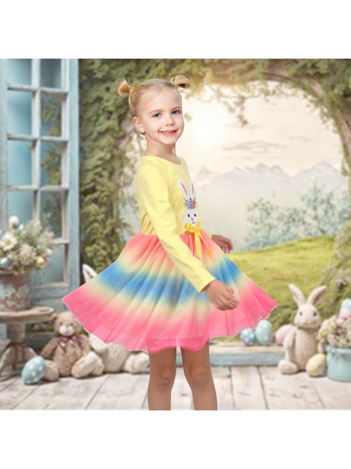 Girls Dress Long Sleeve Tutu Skirt Bow Tie Party Yellow