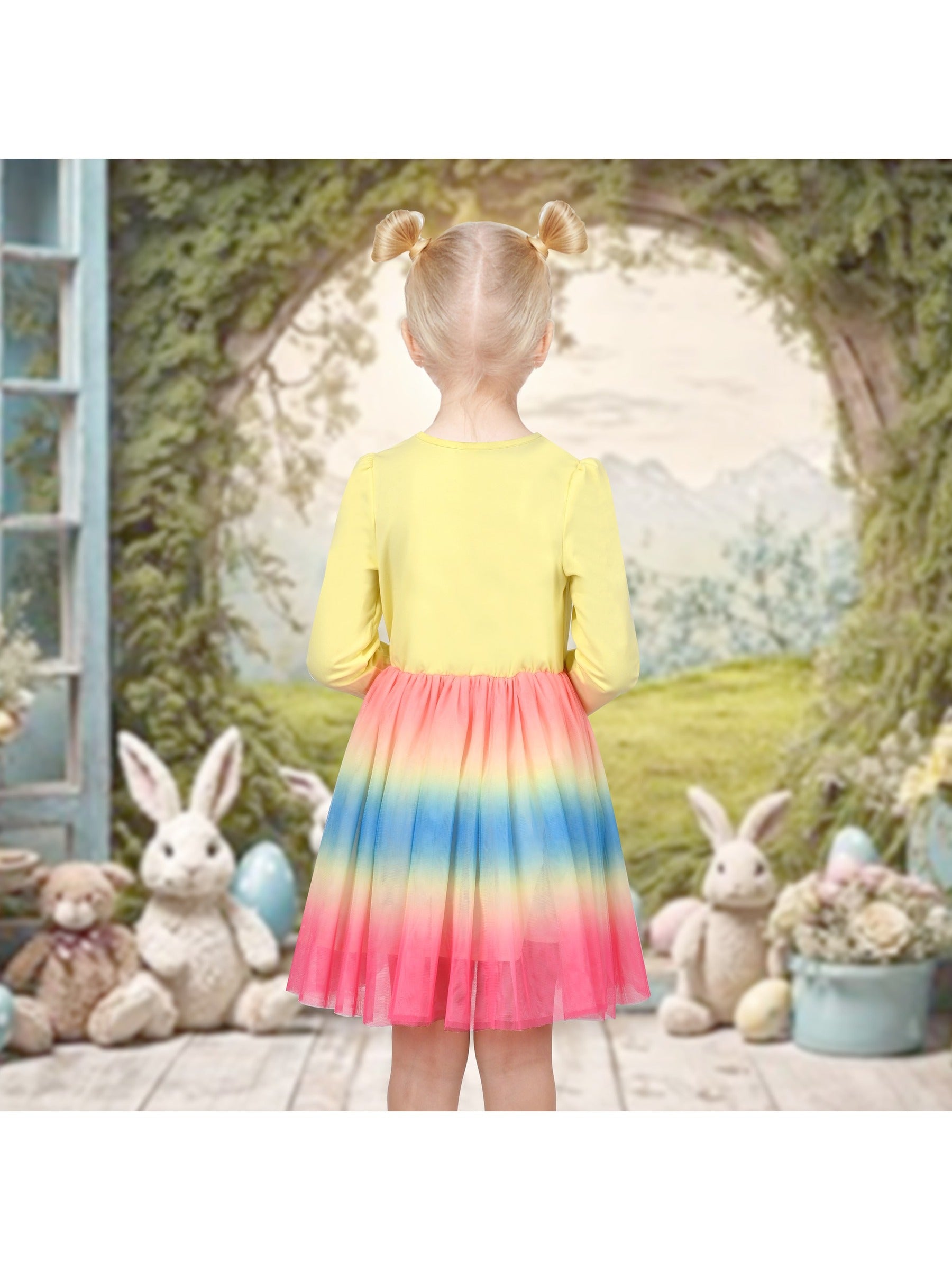 Girls Dress Long Sleeve Tutu Skirt Bow Tie Party Yellow