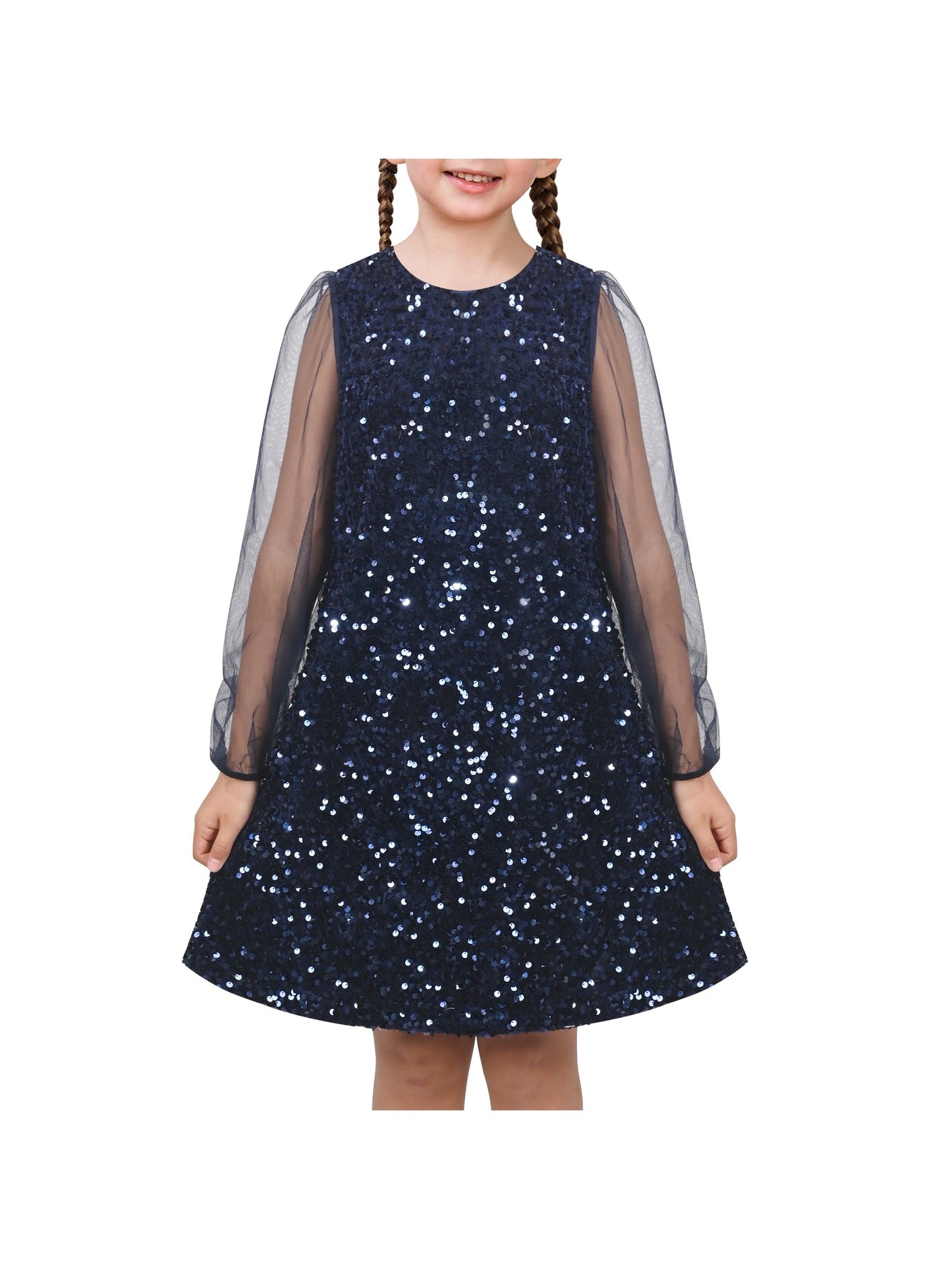 Girls Dress Black Sequin Sheer Mesh Long Sleeve Party Elegant Ball Gown Blue