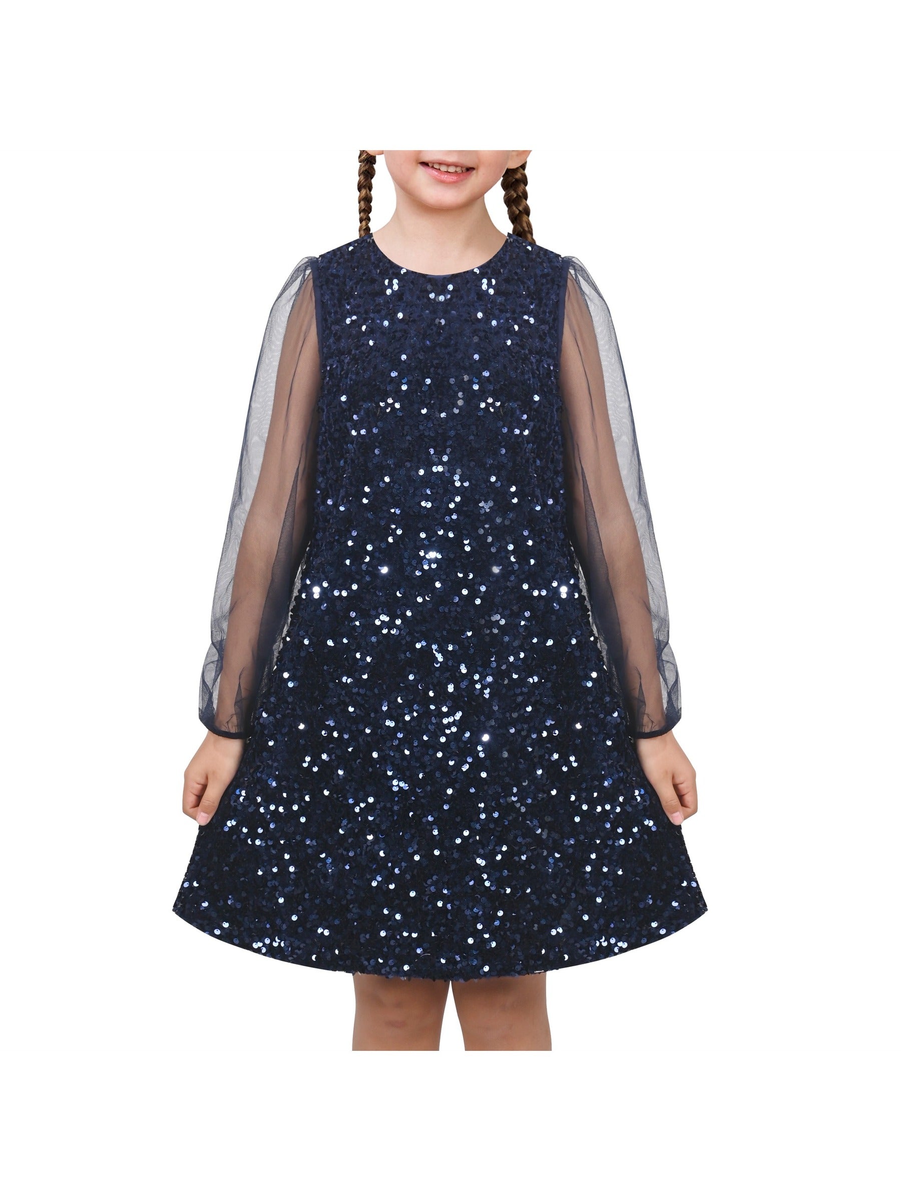 Girls Dress Black Sequin Sheer Mesh Long Sleeve Party Elegant Ball Gown Blue