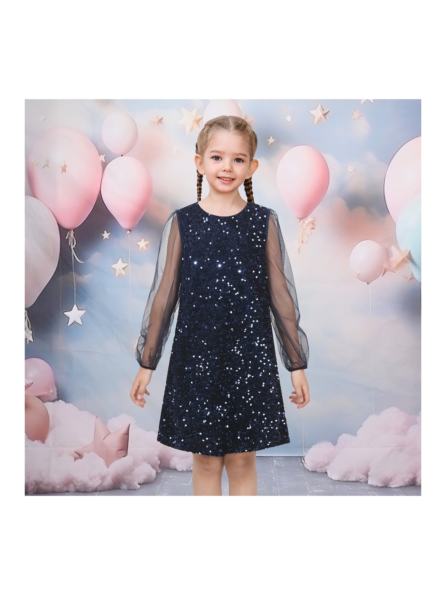 Girls Dress Black Sequin Sheer Mesh Long Sleeve Party Elegant Ball Gown Blue