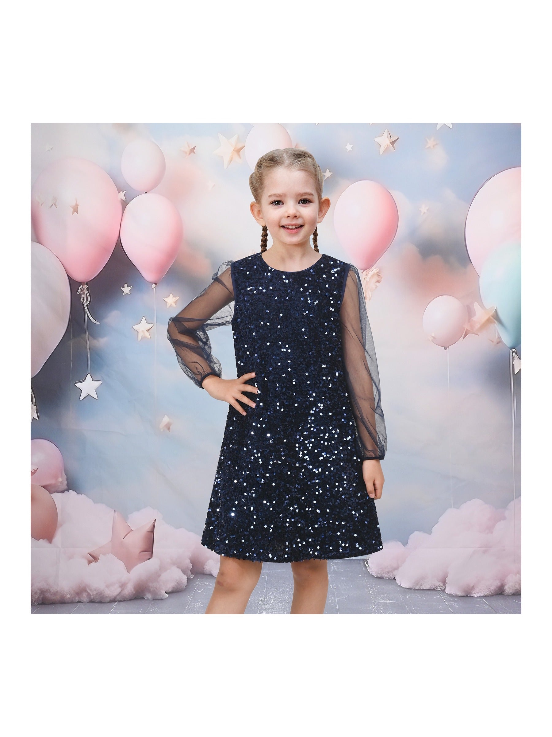 Girls Dress Black Sequin Sheer Mesh Long Sleeve Party Elegant Ball Gown Blue