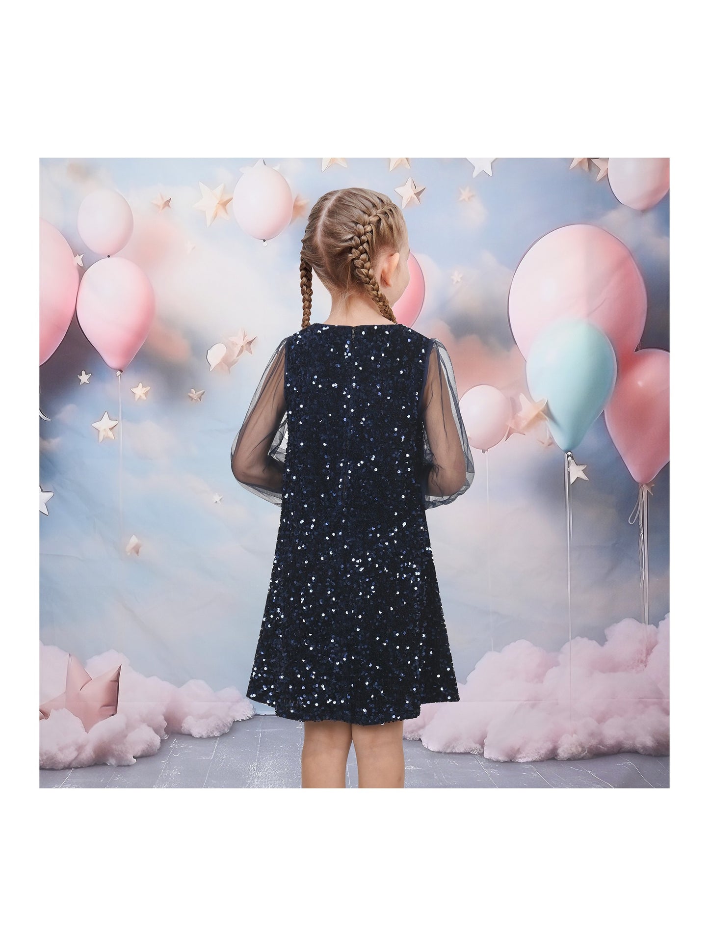 Girls Dress Black Sequin Sheer Mesh Long Sleeve Party Elegant Ball Gown Blue