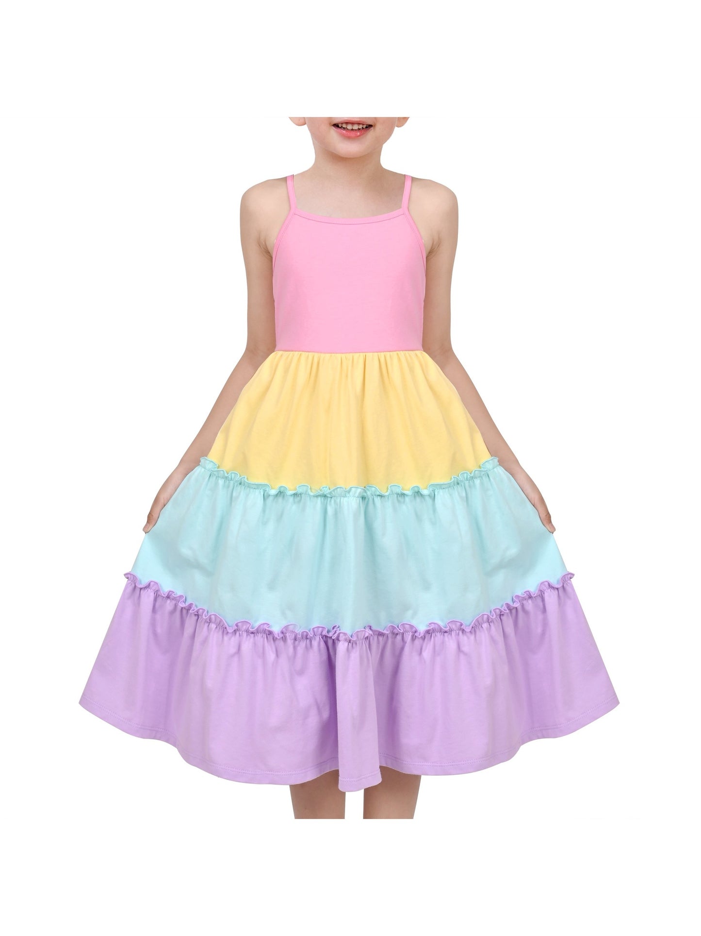 Girls Dress Rainbow Colorful Tiered Ruffle Backless Casual Holiday Cotton Purple