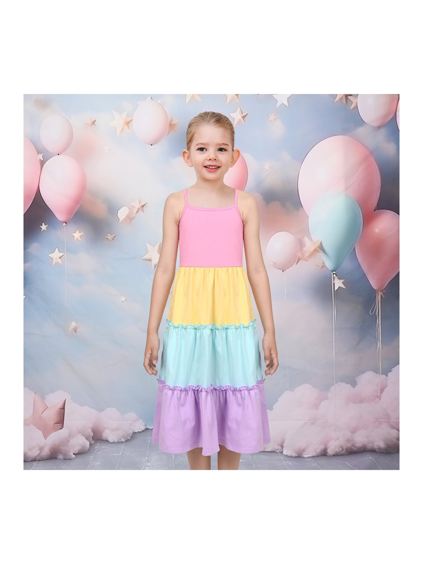 Girls Dress Rainbow Colorful Tiered Ruffle Backless Casual Holiday Cotton Purple