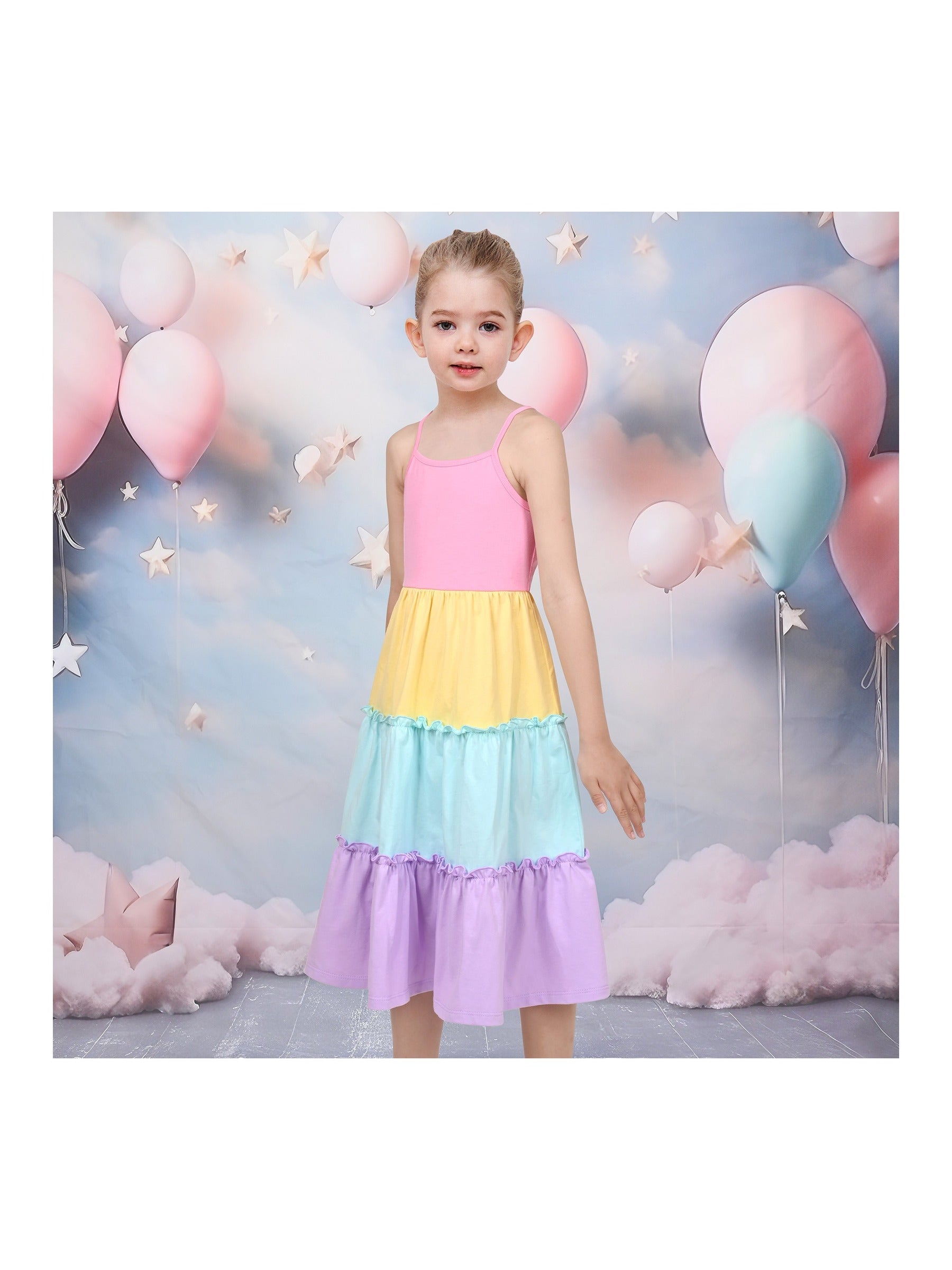 Girls Dress Rainbow Colorful Tiered Ruffle Backless Casual Holiday Cotton Purple