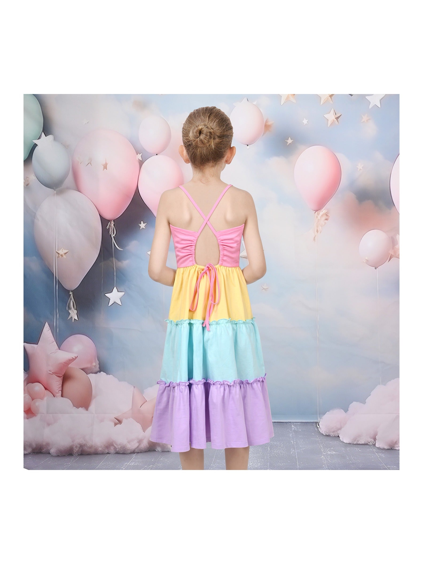 Girls Dress Rainbow Colorful Tiered Ruffle Backless Casual Holiday Cotton Purple