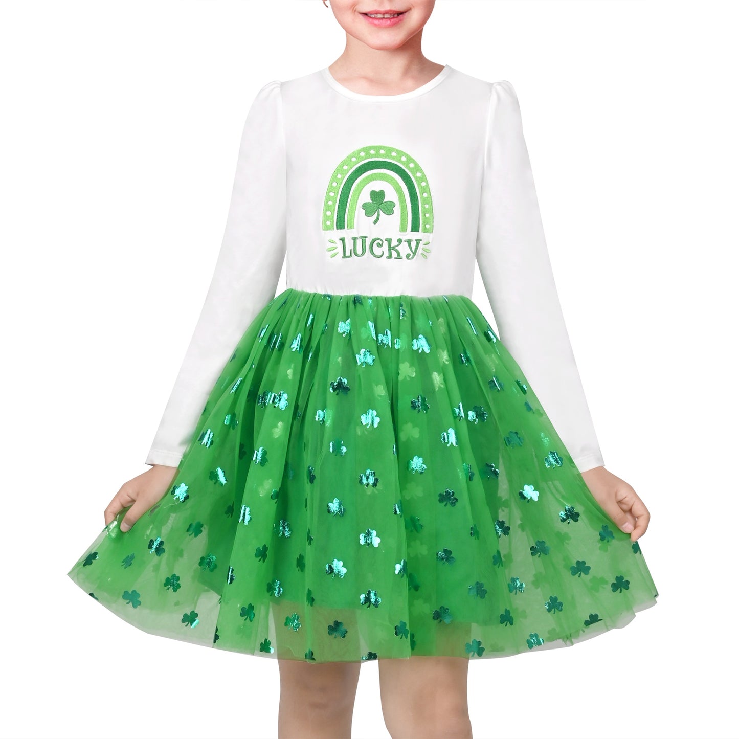 Girls Dress Long Sleeve Tutu Skirt Bow Tie Party Green