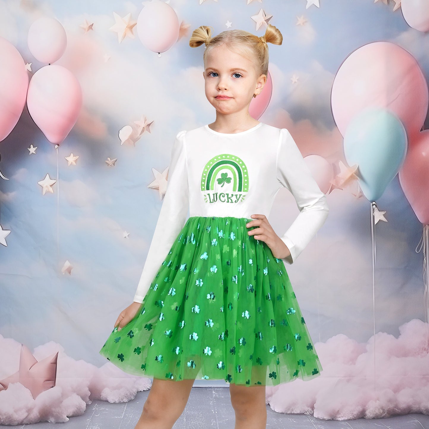 Girls Dress Long Sleeve Tutu Skirt Bow Tie Party Green